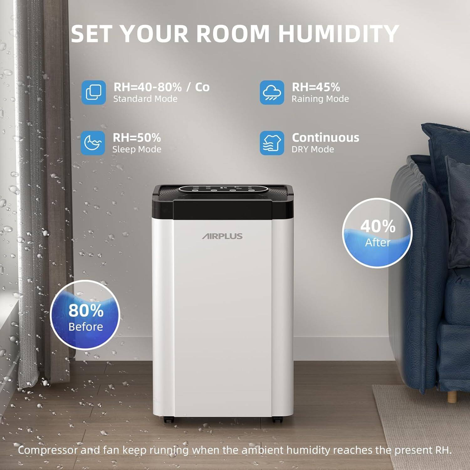 SET YOUR ROOM HUMIDITY

RH=40-80% / Co  
Standard Mode  
RH=45%  
Raining Mode  
RH=50%  
Sleep Mode  
Continuous DRY Mode  

AIRPLUS

40% After  
80% Before

Compressor and fan keep running when the ambient humidity reaches the present RH.