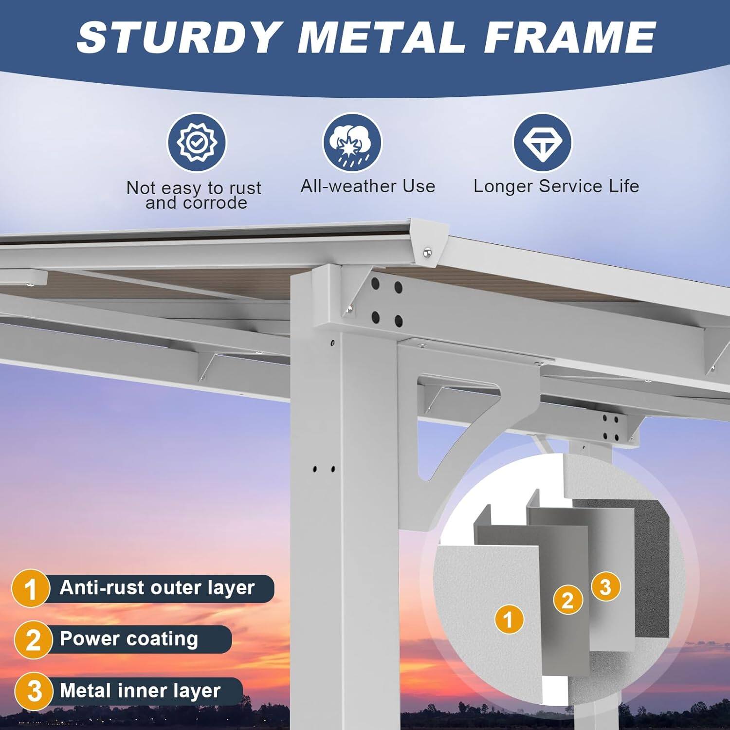 STURDY METAL FRAME

- Not easy to rust and corrode
- All-weather Use
- Longer Service Life

1. Anti-rust outer layer
2. Power coating
3. Metal inner layer