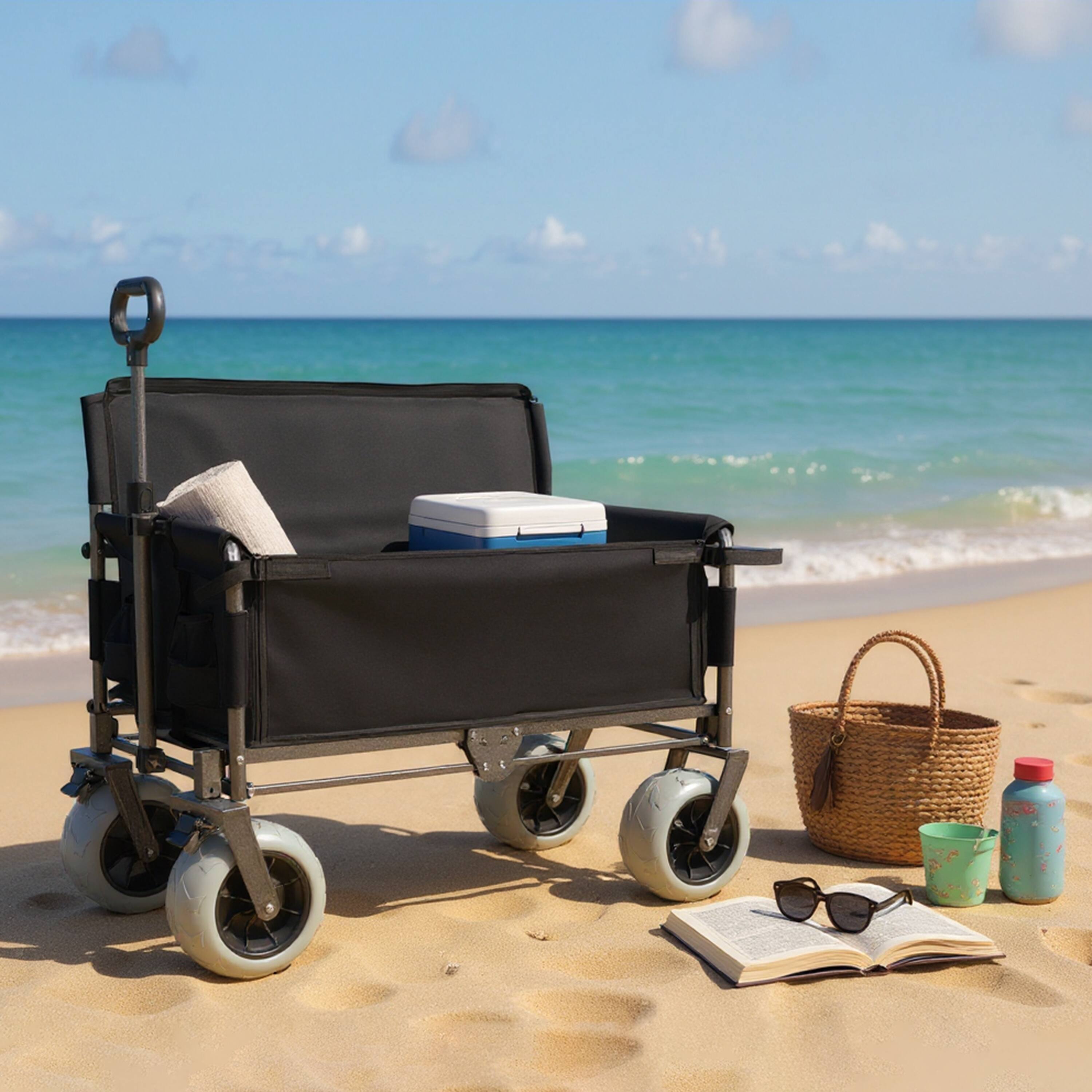 Angle. Mondawe - 3-in-1 500lbs Convertible Folding Wagon Utility Carts - Bench Seat w/ 180L Capacity, All-Terrain Wheels - Black.