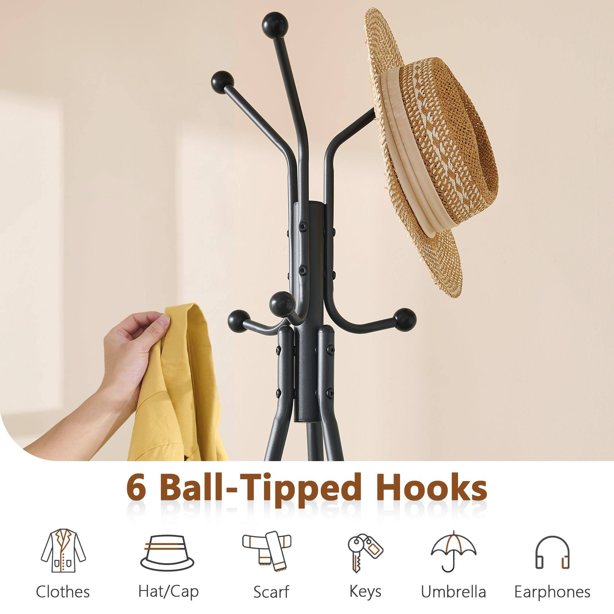6 Ball-Tipped Hooks

- Clothes
- Hat/Cap
- Scarf
- Keys
- Umbrella
- Earphones