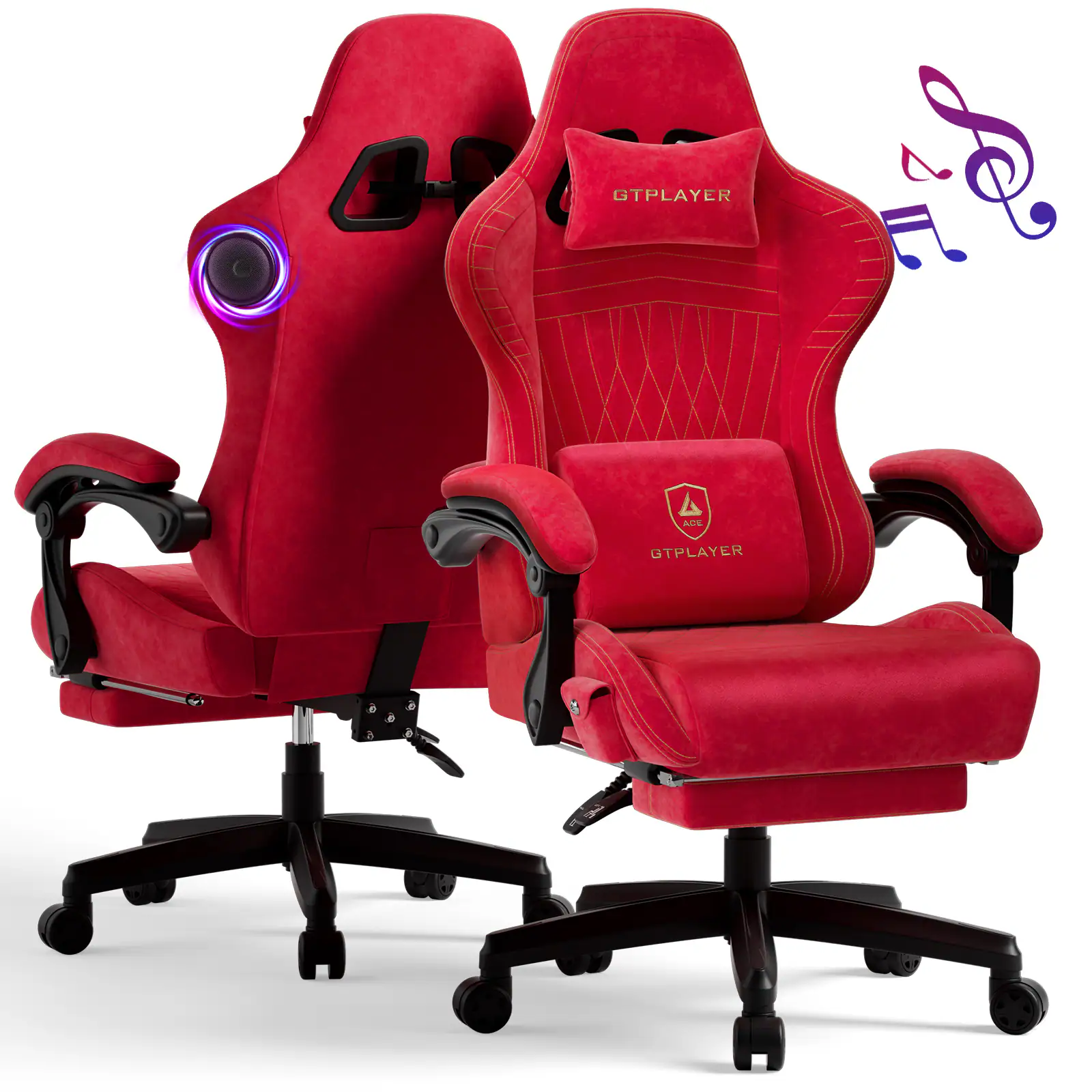 GTPlayer - PC Gaming Chair with Speakers Velvet Video Computer Chair - Cherry Red
