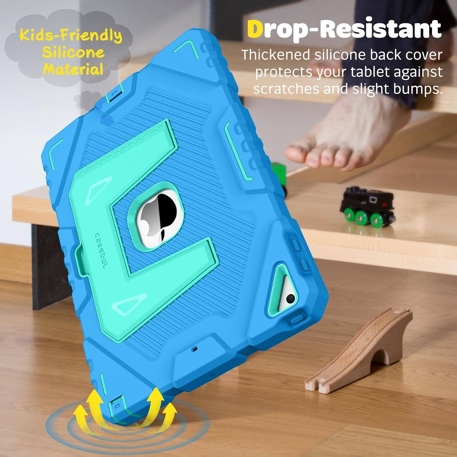Kids-Friendly Silicone Material  
Drop-Resistant  
Thickened silicone back cover protects your tablet against scratches and slight bumps.