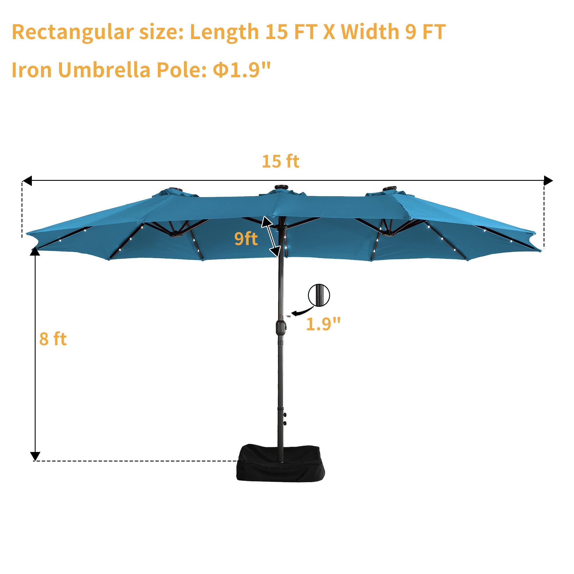 Rectangular size: Length 15 FT X Width 9 FT  
Iron Umbrella Pole: Ø1.9"
