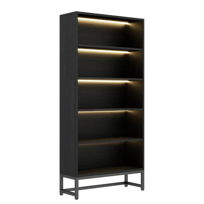 Alt View 4. HTUTWOO - Tall Bookcase with LED Lights – 5 Tier Bookshelf with Storage, Wood Bookshelf with Adjustable Lighting, Display Cabinet - Black.