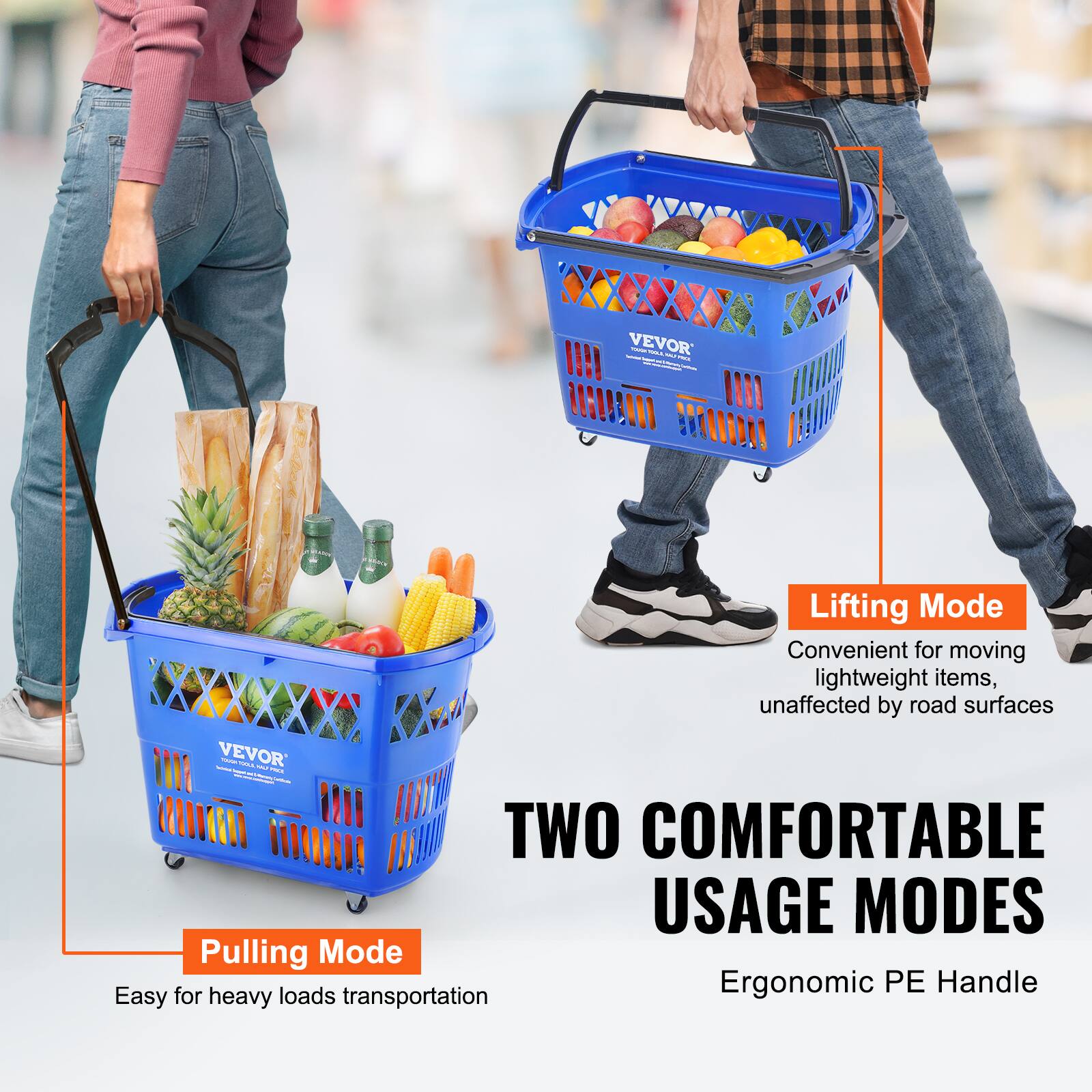 VEVOR - 1080N

Lifting Mode
Convenient for moving lightweight items, unaffected by road surfaces

Pulling Mode
Easy for heavy loads transportation

TWO COMFORTABLE USAGE MODES
Ergonomic PE Handle