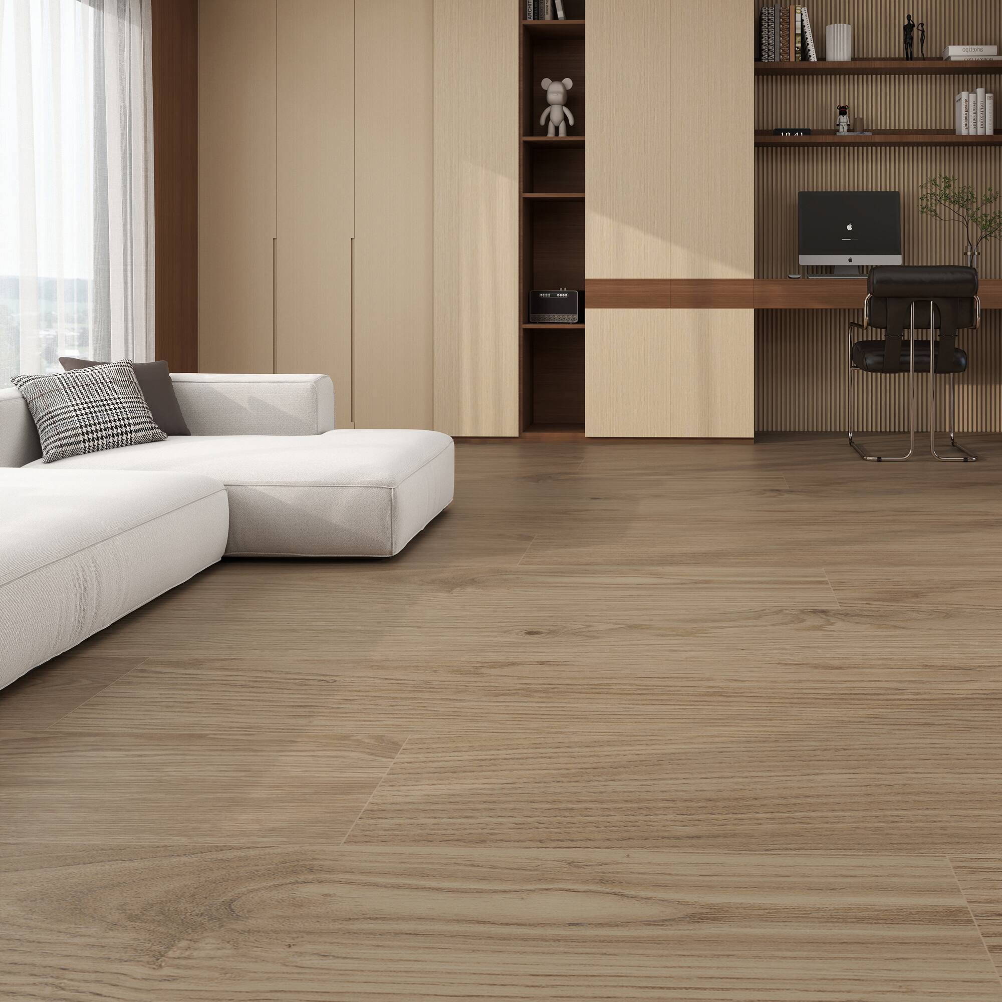 Angle. Dotfloor - Superoak PLUS Laminate Flooring - 72.7"x9.6" Planks, 6 Planks/Box (27.09 sq ft/Box), 12mm Thick, AC5 Wear Rating - Coastal Driftwood.