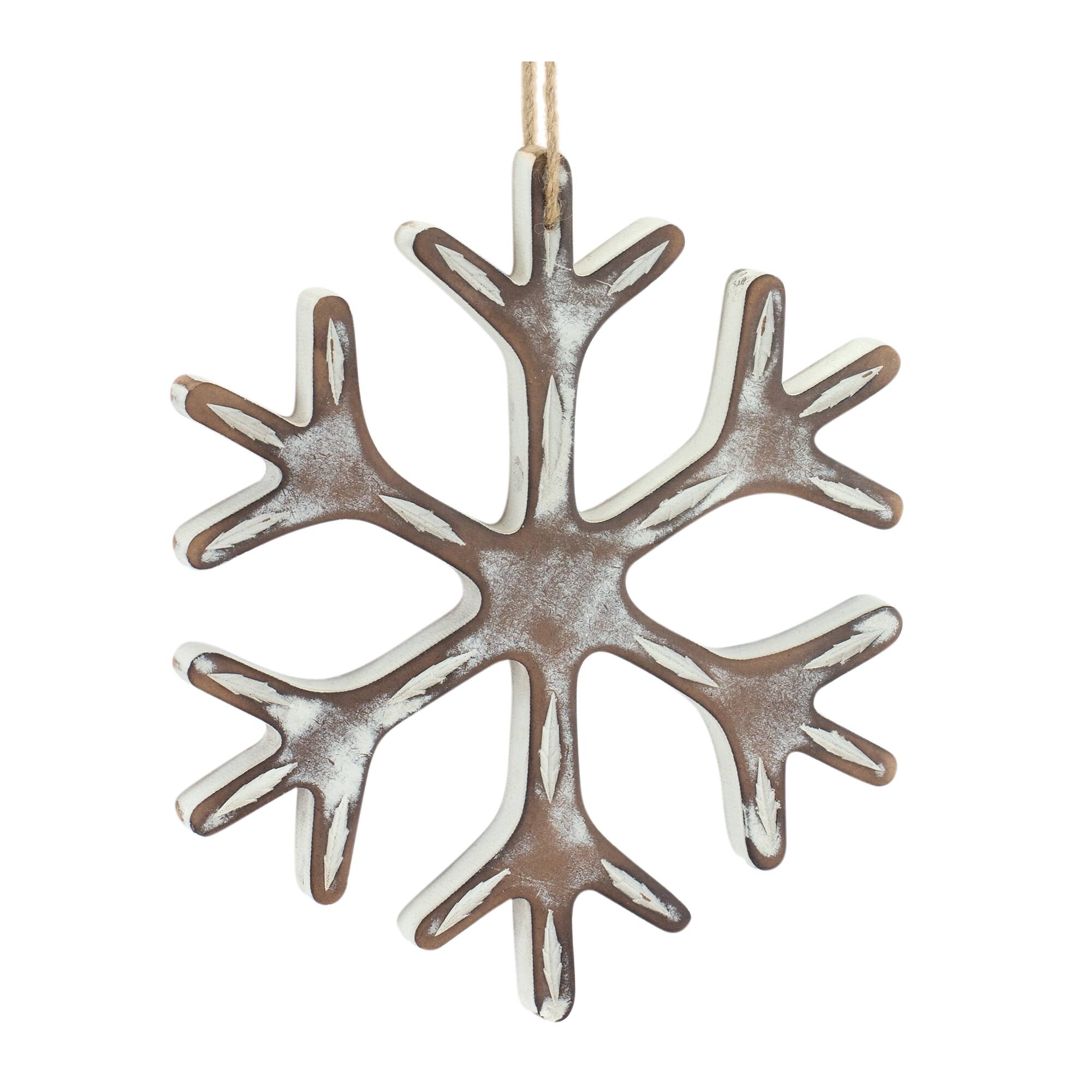 Back. BreeBe - Wooden Snowflake Ornament with White Washed Finish (Set of 12) - White, Brown.