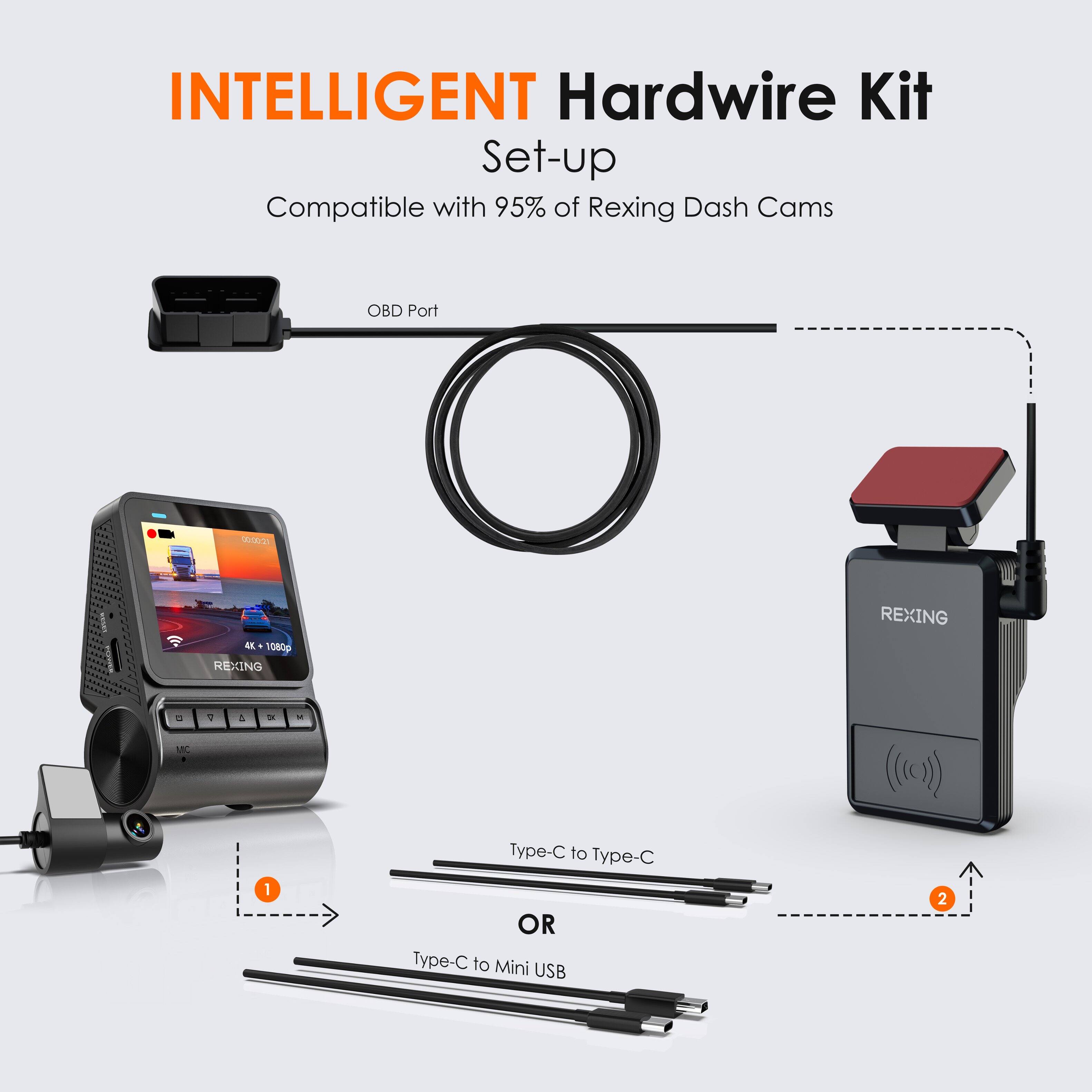 Intelligent Hardwire Kit Set-up Compatible with 95% of Rexing Dash Cams OBD Port M0 REXING AE. 1080p REXING i1 5 - - - 1 Type-C to Type-C OR Type-C to Mini USB 2.