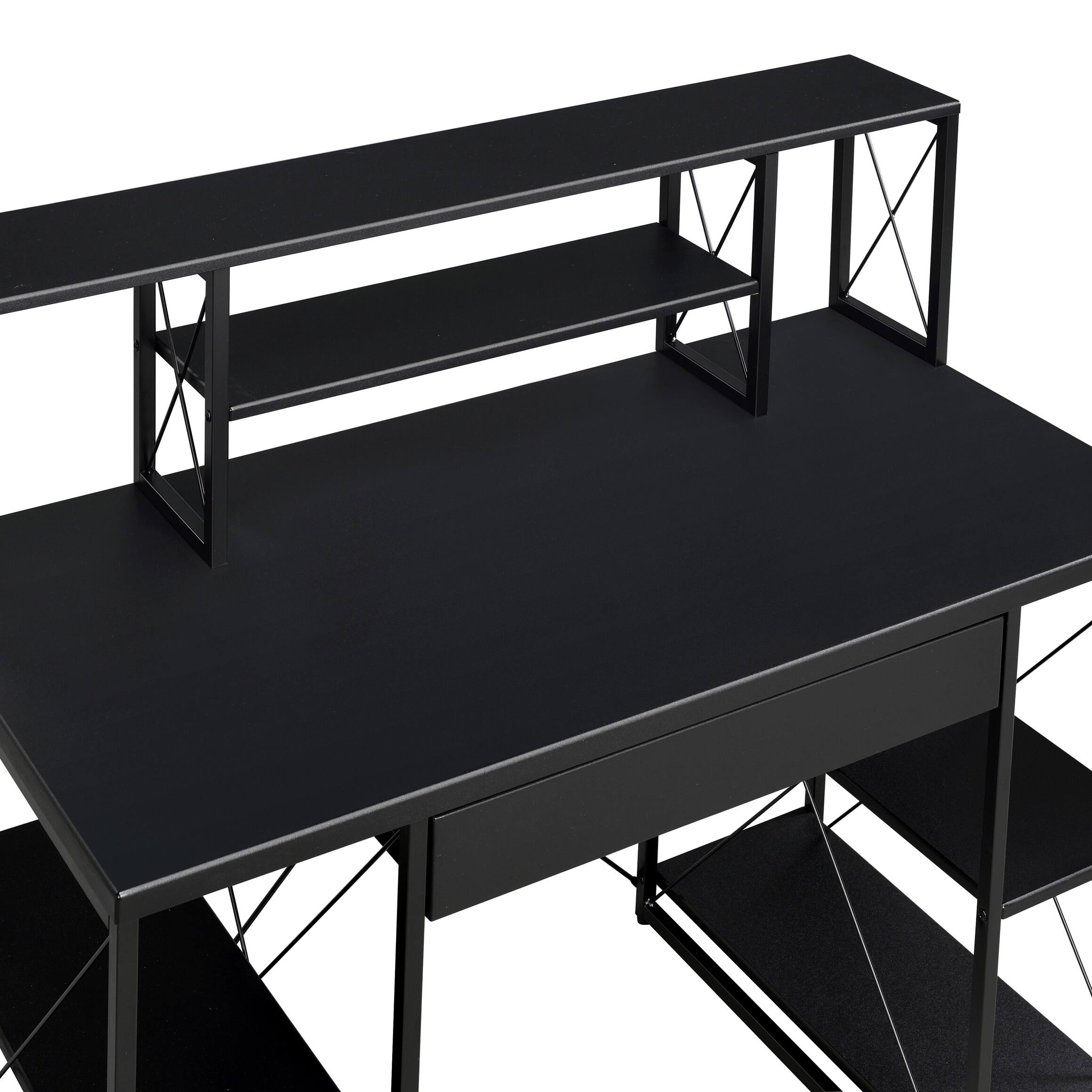 Alt View 2. Spaco - Spaco Studio Office Computer Desk with Hutch, 8-Compartment Storage, Wood Top and Shelves, Metal Sled Base - Black.