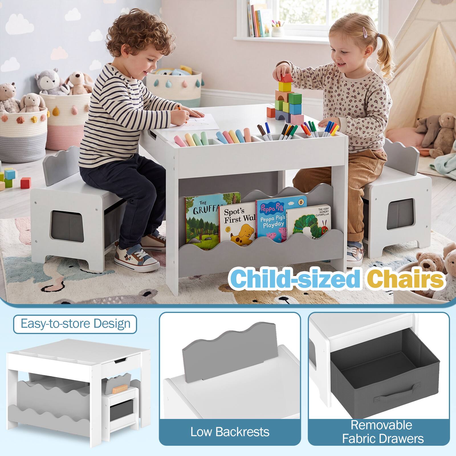 1. The Gruffalo
2. Peppa Pig's Playday 4
3. Spot's First Walk
4. Child-sized Chairs
5. Easy-to-store Design
6. Low Backrests
7. Removable Fabric Drawers
