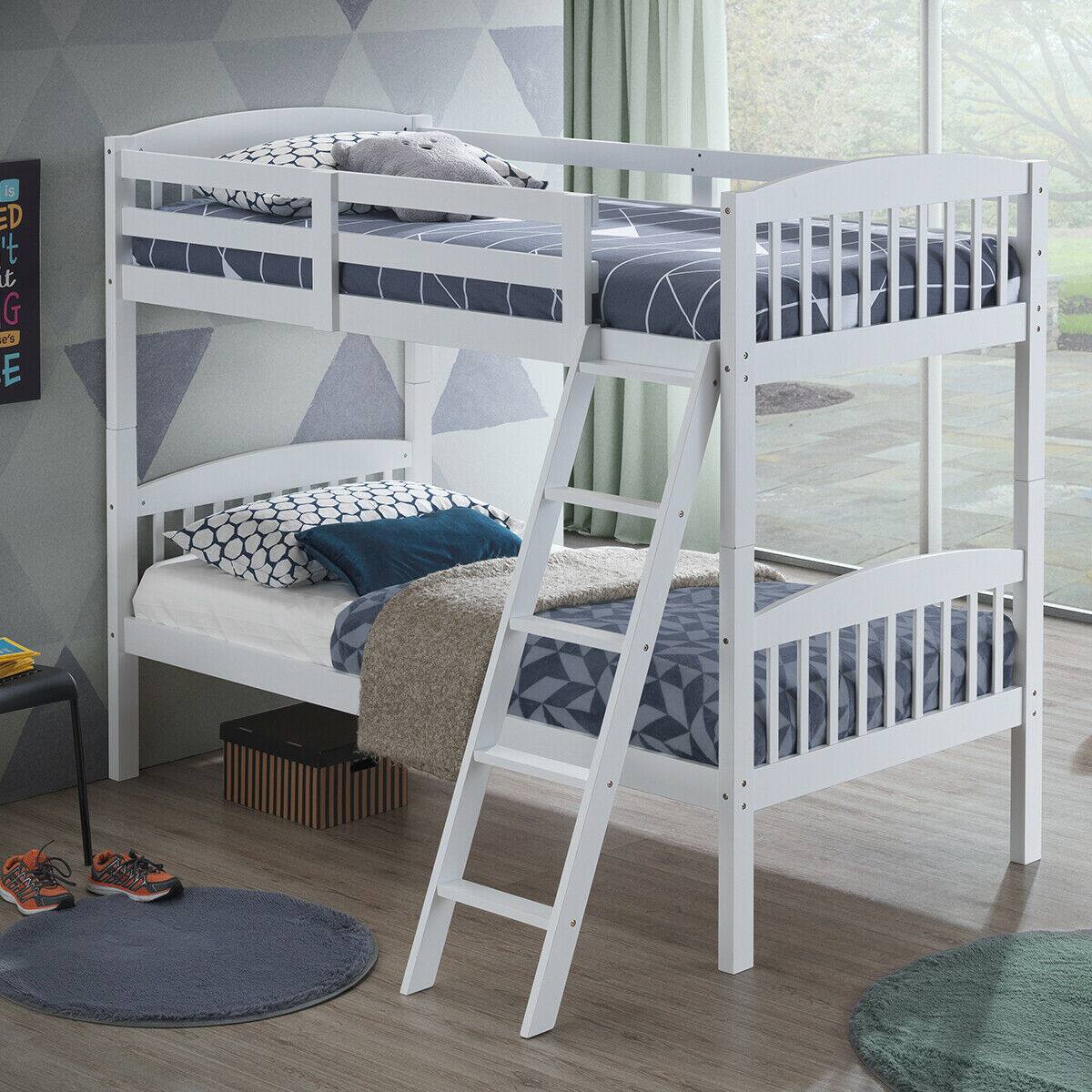 Gymax - Wood Hardwood Twin Bunk Beds Convertible into 2 Individual Kid Bed Ladder - White