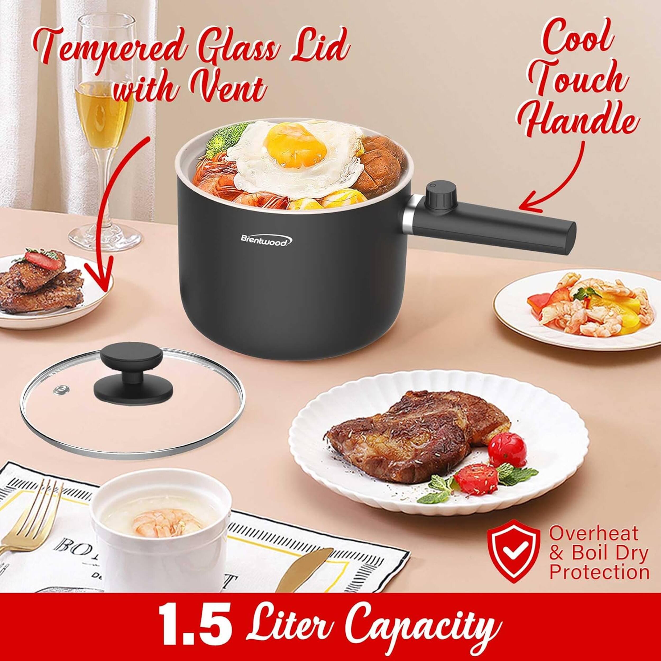 Tempered Glass Lid with Vent Cool Touch Handle Brentwood BO D Overheat & Boil Dry Protection 1.5 Liter Capacity