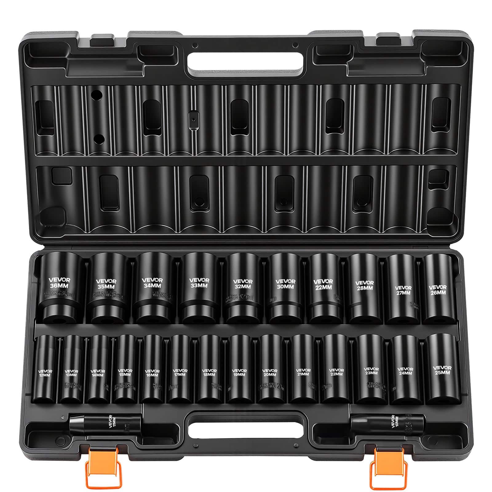 VEVOR - Impact Socket Set, 1/2" Drive, 26-Piece Impact Sockets, 6-Point Sockets, Metric 10-30 mm, 32-36 mm, Easy to Identify - Black