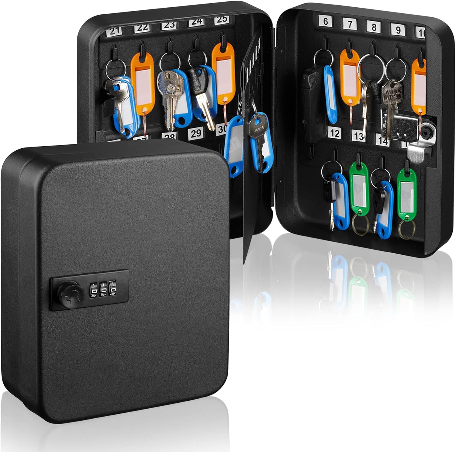 Angle. AdirOffice - Key Cabinet, Steel 30-Key Secure Wall-Mounted Key Cabinet with Combination Lock - Black.