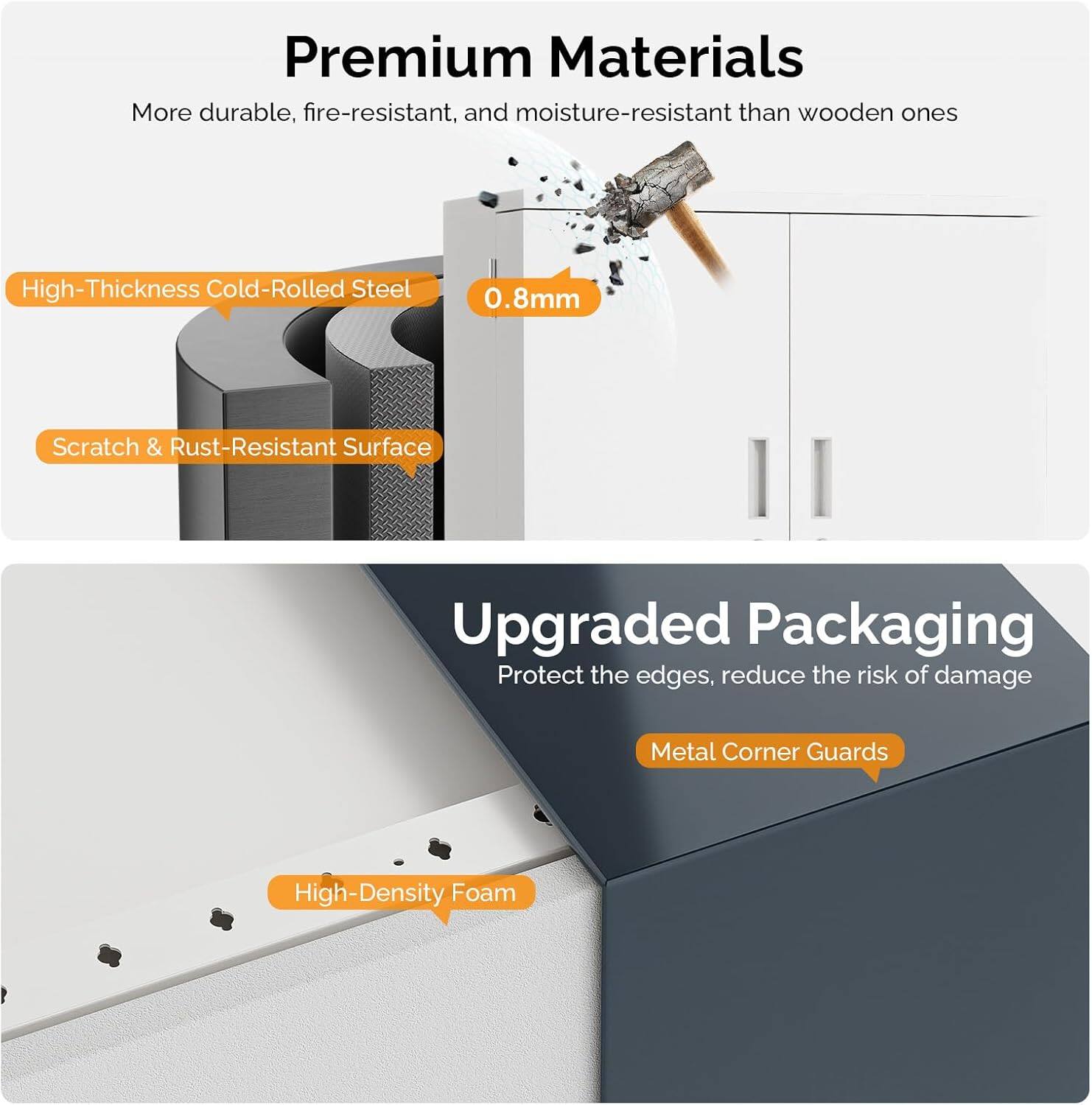 Premium Materials  
More durable, fire-resistant, and moisture-resistant than wooden ones

- High-Thickness Cold-Rolled Steel 0.8mm
- Scratch & Rust-Resistant Surface

Upgraded Packaging  
Protect the edges, reduce the risk of damage

- Metal Corner Guards
- High-Density Foam