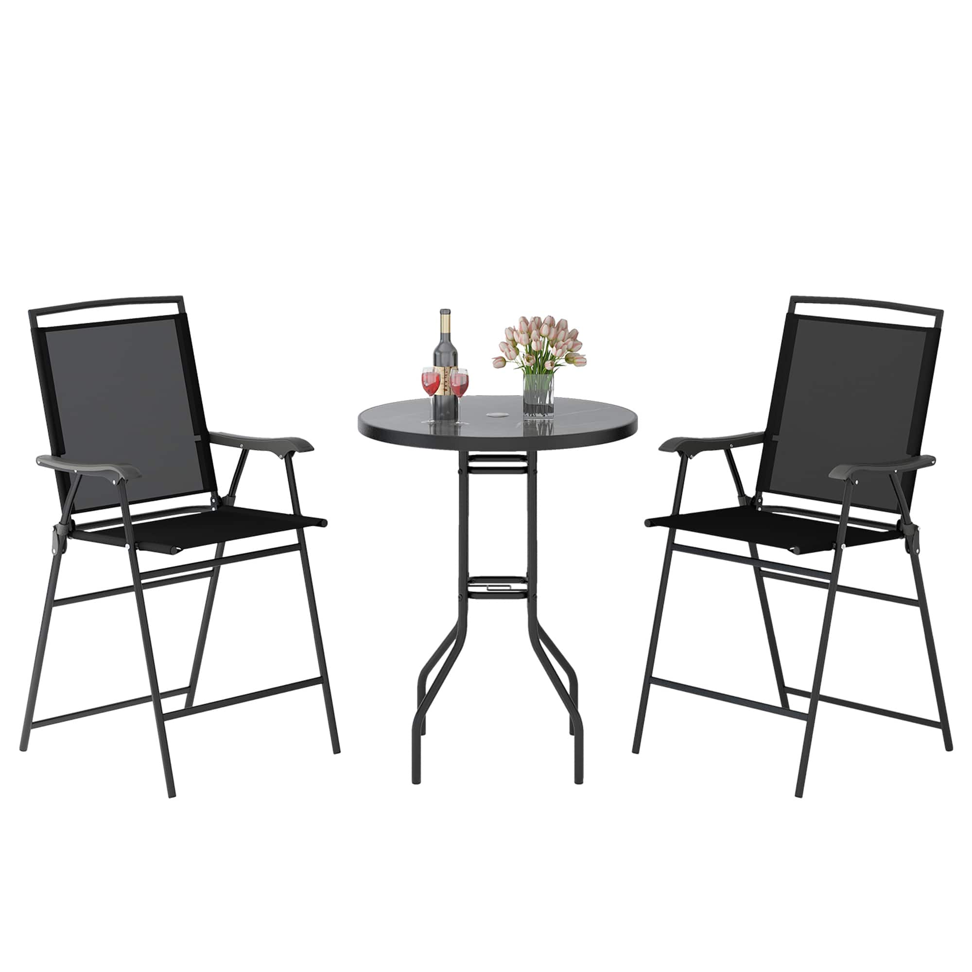 Gymax - 3 PCS Outdoor Bar Stool Set w/ DPC Tabletop Umbrella Hole & Footrest 2 Chairs - Black price history on PriceWatchPro