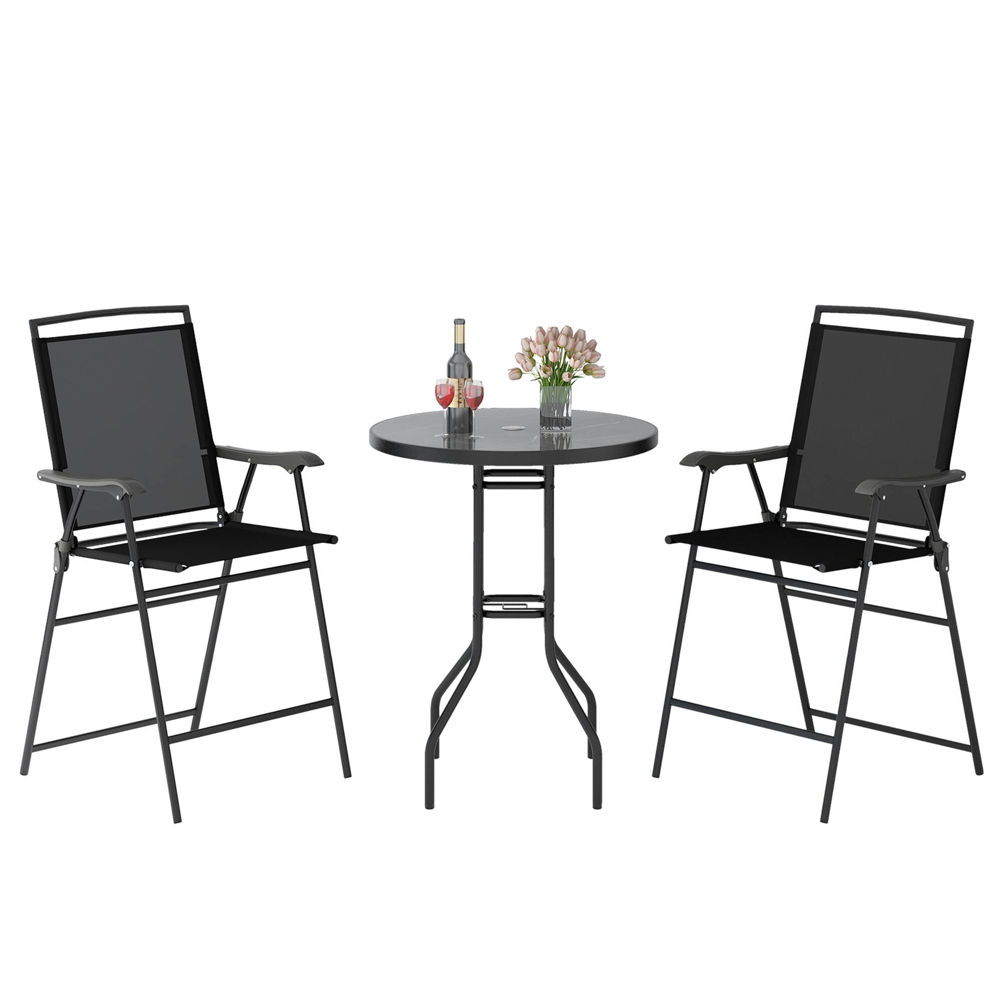 Gymax - 3 PCS Outdoor Bar Stool Set w/ DPC Tabletop Umbrella Hole & Footrest 2 Chairs - Black