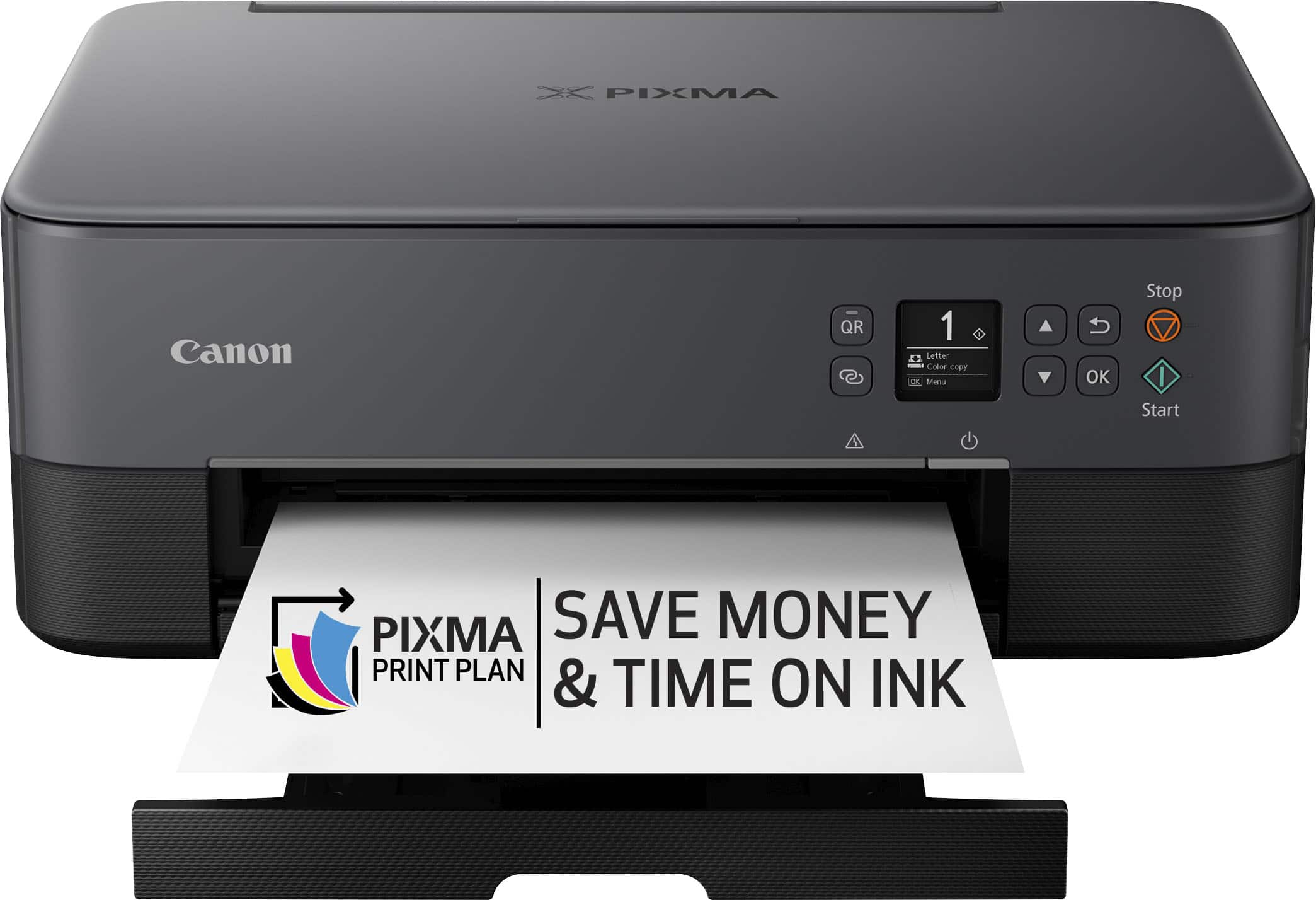 The text on the image is grouped as follows:
1. "X PIXMA Canon": This is a brand name for a printer.
2. "QR 1 Letter Calor copy OK": This is a description of the printer's function, indicating that it can copy documents.
3. "Menu OK": This is a button on the printer that allows the user to access the printer's menu.
4. "Stop": This is a button on the printer that allows the user to stop the printing process.
5. "I Start": This is a button on the printer that allows the user to start the printing process.
6. "PIXMA SAVE MONEY PRINT PLAN & TIME ON INK": This is a description of the printer's function, indicating that it can save money by using a print plan and time-saving features.