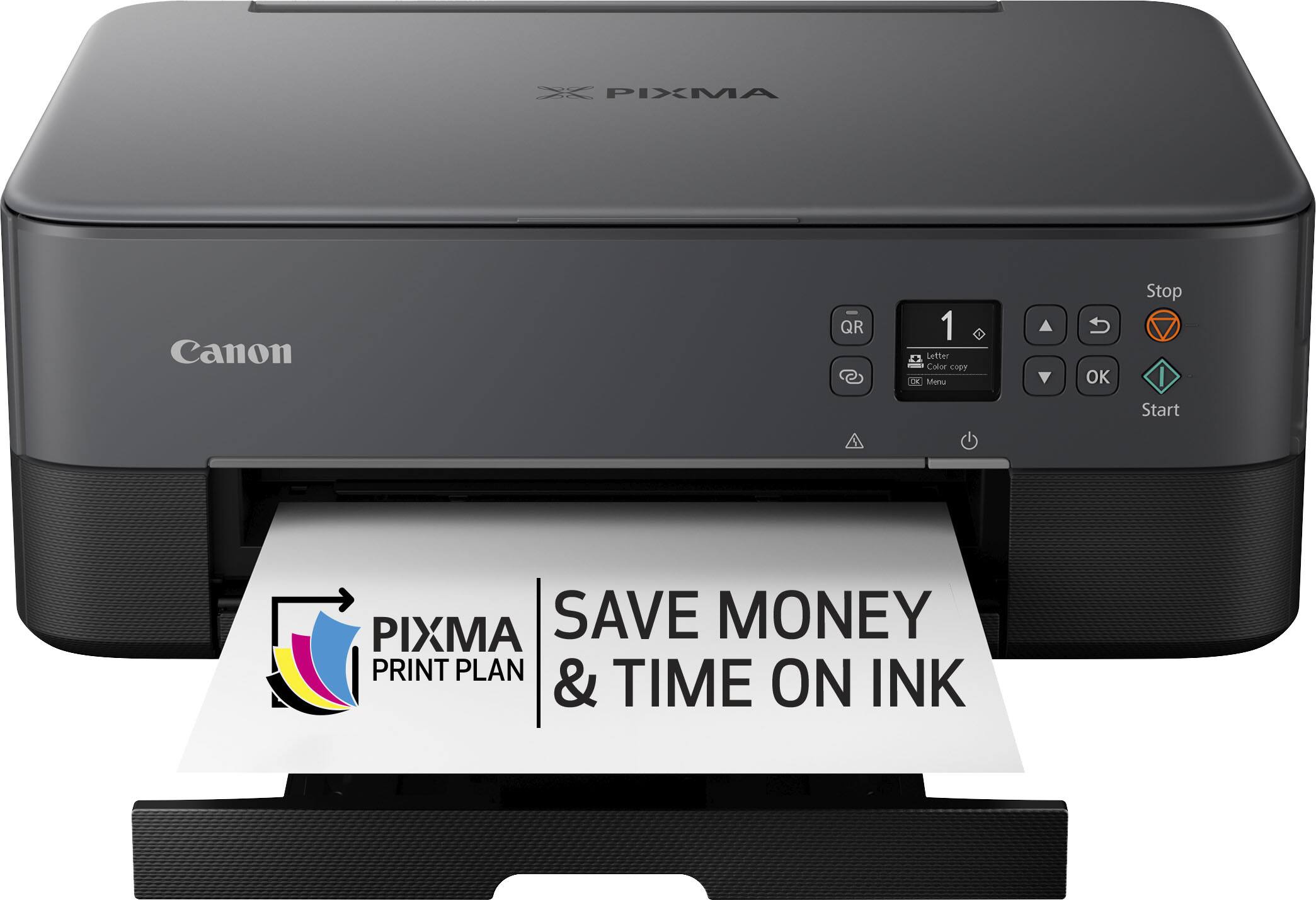 The text on the image is grouped as follows:

1. "X PIXMA Canon": This is a brand name for a printer.
2. "QR 1 Letter Calor copy OK": This is a description of the printer's function, indicating that it can copy documents.
3. "Menu OK": This is a button on the printer that allows the user to access the printer's menu.
4. "Stop": This is a button on the printer that allows the user to stop the printing process.
5. "I Start": This is a button on the printer that allows the user to start the printing process.
6. "PIXMA SAVE MONEY PRINT PLAN & TIME ON INK": This is a description of the printer's function, indicating that it can save money by using a print plan and time-saving features.