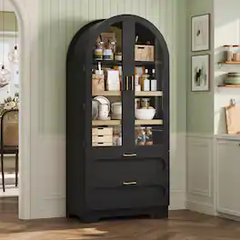 Bestier - 71 Inch Arched Kitchen Pantry Cabinet with LED Lights for Kitchen - Black Grained