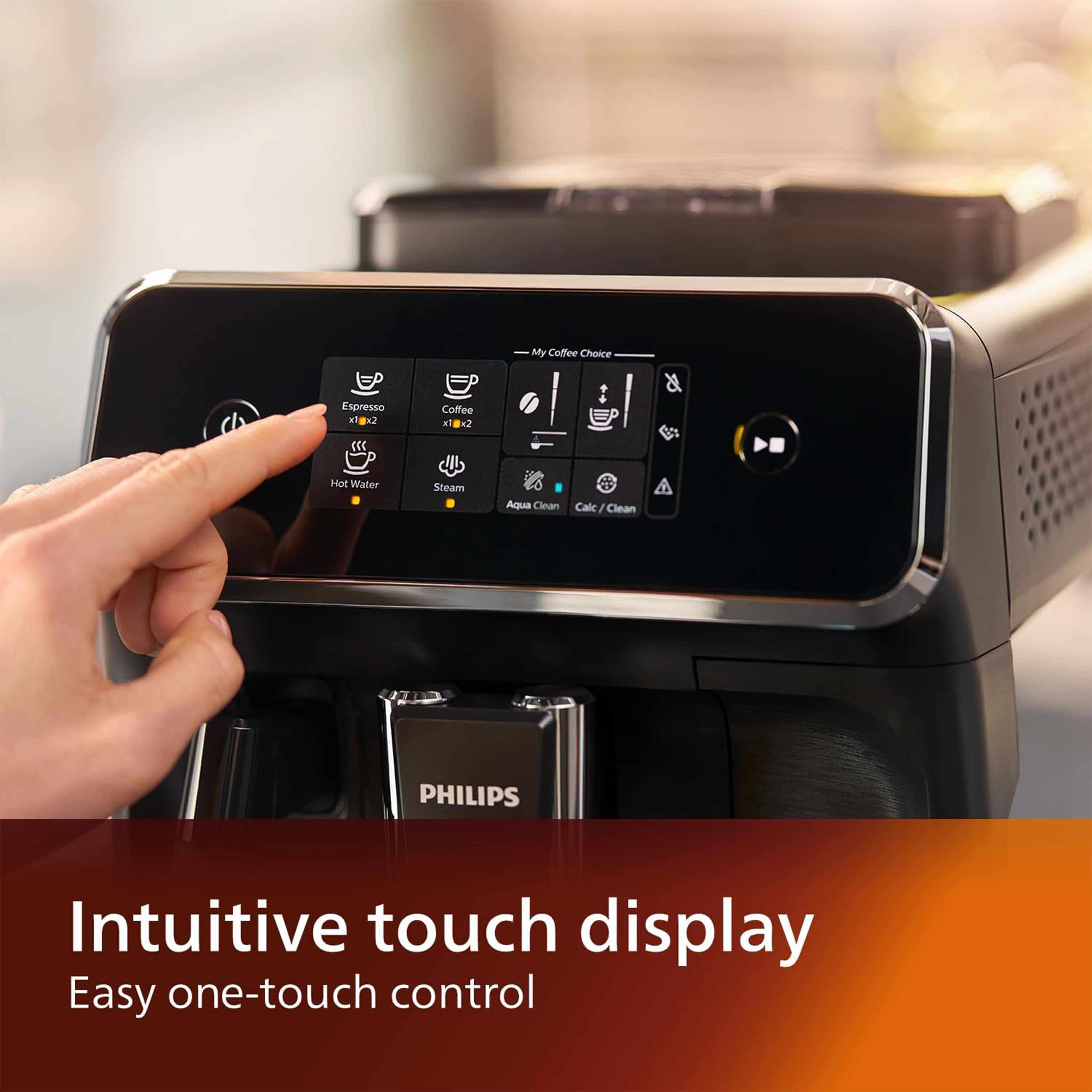 Intuitive touch display and easy one-touch control are features of the Philips coffee maker.