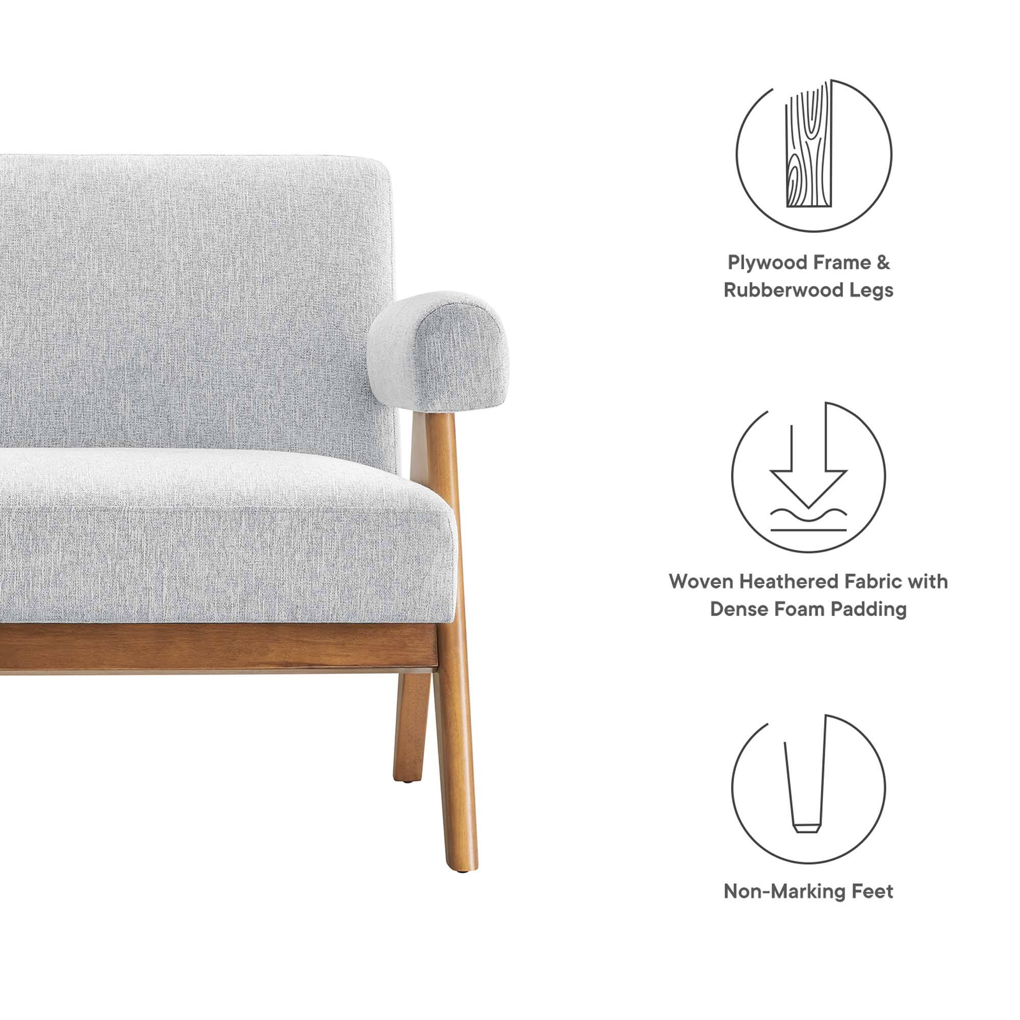 Plywood Frame & Rubberwood Legs  
Woven Heathered Fabric with Dense Foam Padding  
Non-Marking Feet