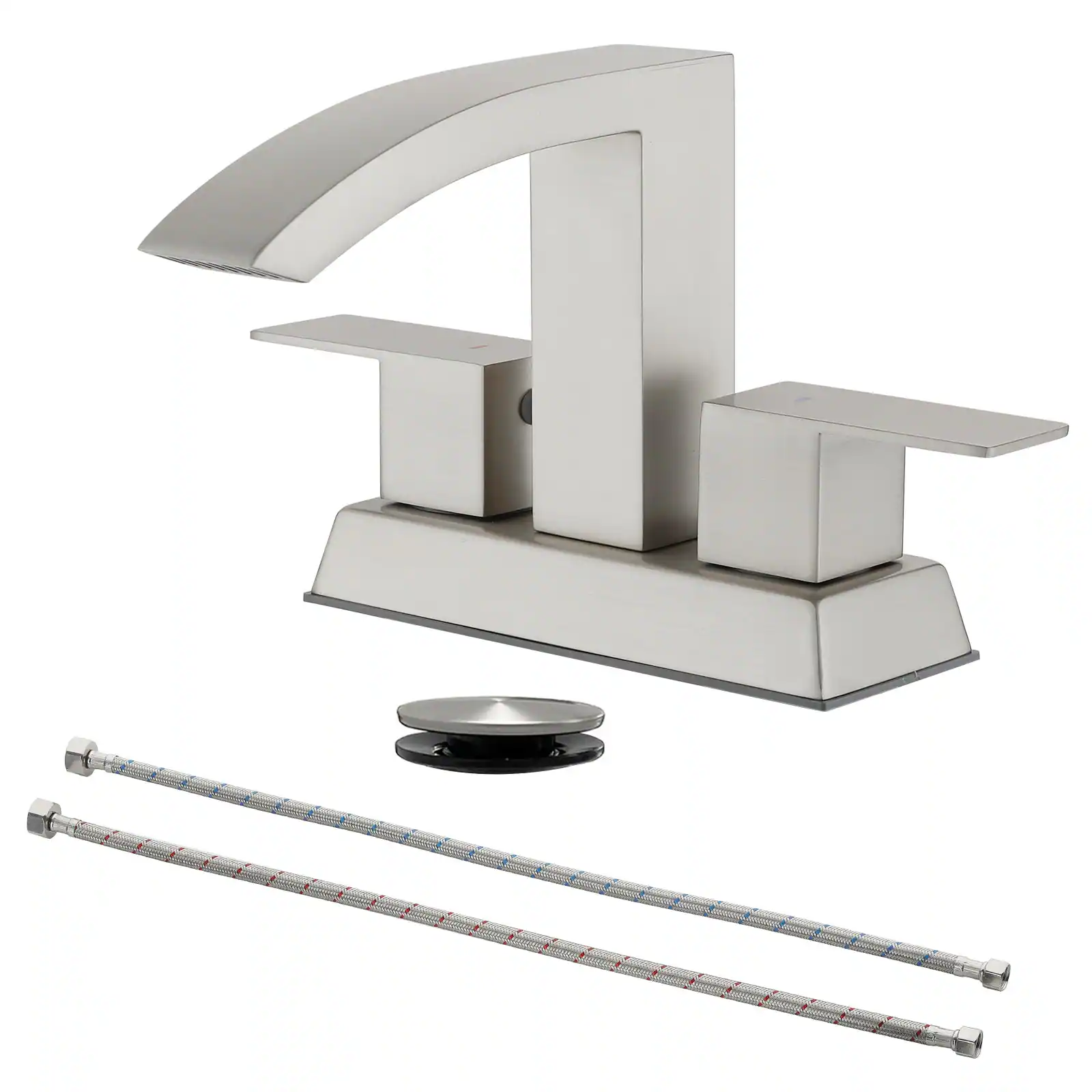 Front. Boyel Living - Brushed 4 Inch Centerset Faucet SUS304 Waterfall Spout 1.2GPM Dual Handle Pop Up Drain - Brushed Nickel.