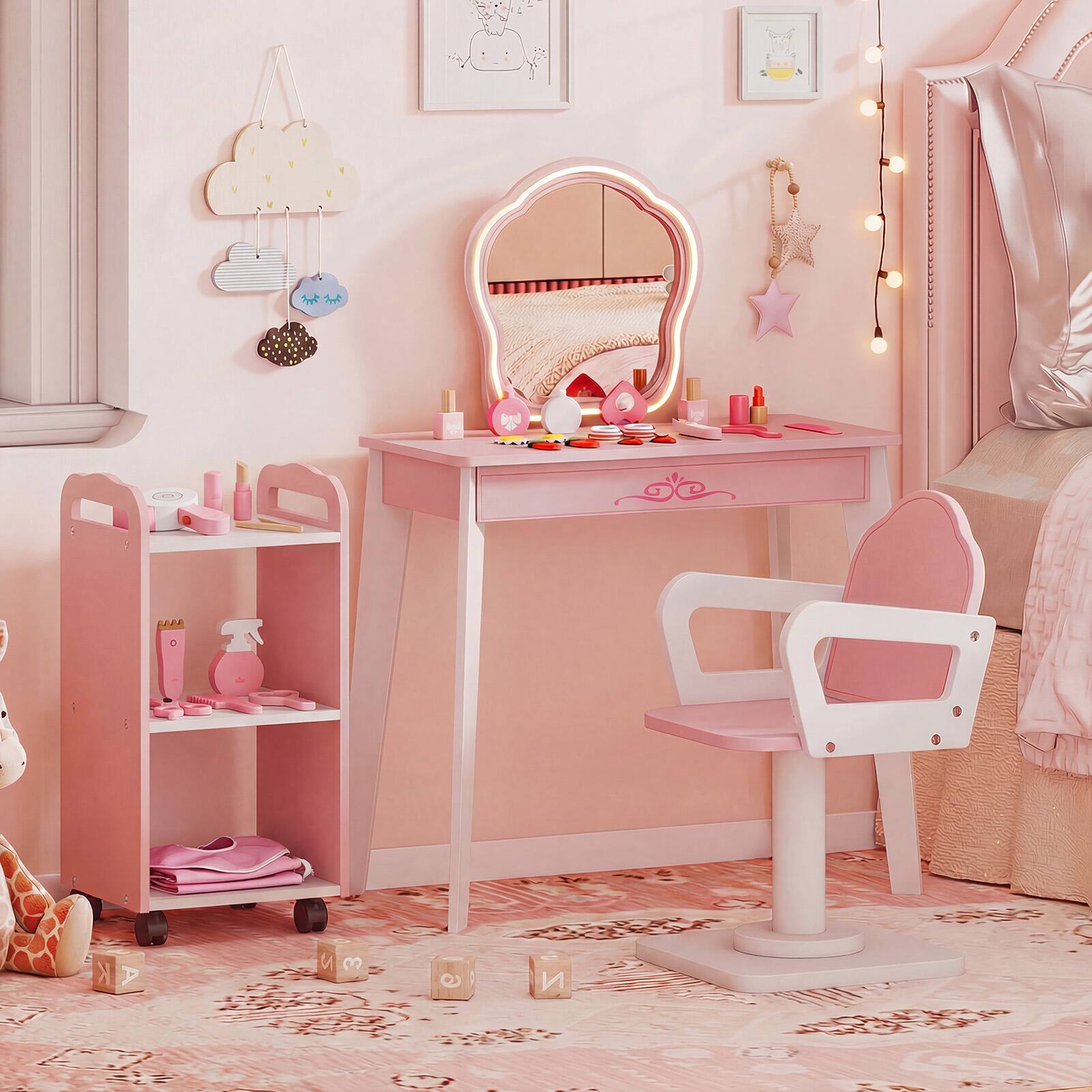 Alt View 4. Costway - Costway Kids Hair Salon Play Set with LED Lighted Mirror, Swivel Barber Chair, Rolling Cart - Light Pink.
