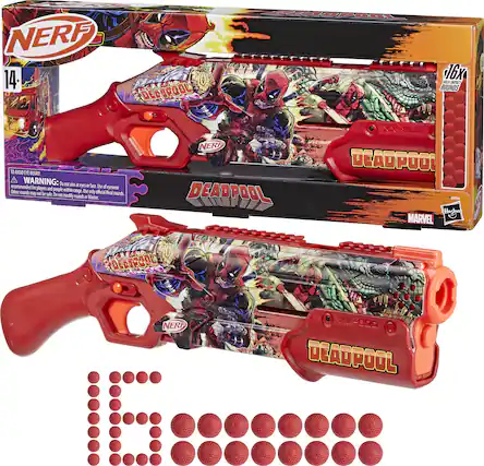 NERF 14 DEADPOOL 16X ROUNDS CC 10 AVOD EYE NUURT A WARNING: e M ae tes a face recommended for players Ihe of eyewear and people withie Other rounds tange d only official Rival rounds may N b sde De tor modify rounds a blaster NER DEADPOOL ORB- DEADPOOL SI Hnshun MARVEL DEPOL NERF E XX-BD0 300 DEADPOOL