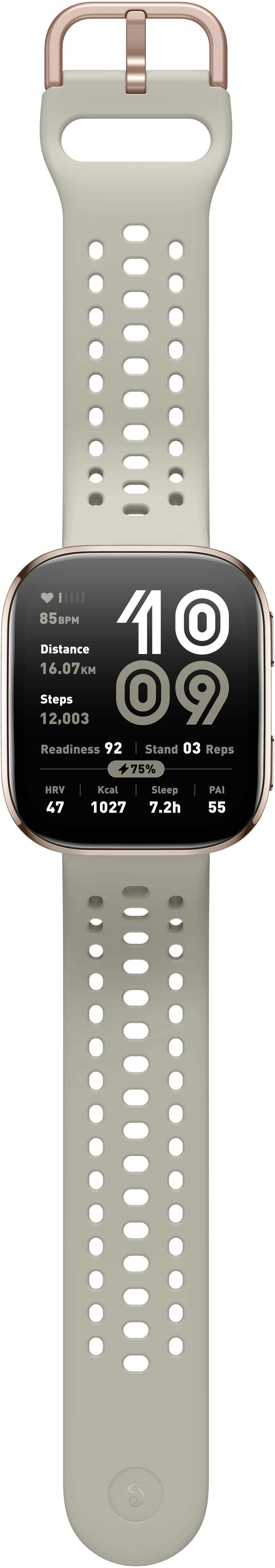 The text on the image reads: "85BM 10 Distance 16.07 Steps 12,003 09 Readiness 92 Stand 03 Reps 75% HRV 47 Kcal 1027 Steep 7.2h PAI 55 S." This text is grouped and corrected as follows:
1. Distance: 16.07
2. Steps: 12,003
3. Readiness: 09
4. Stand: 03
5. Reps: 75%
6. HRV: 47
7. Kcal: 1027
8. Steep: 7.2h
9. PAI: 55
10. S: 10
The corrected text is grouped into three categories: Distance, Steps, and Readiness; Stand, Reps, and HRV; and Kcal, Steep, PAI, and S.