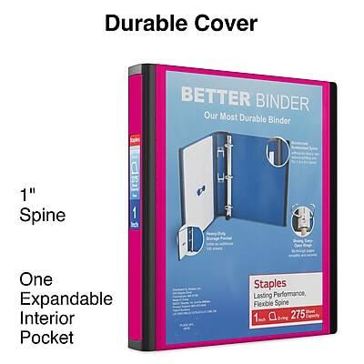 Durable Cover  
BETTER BINDER  
Our Most Durable Binder  

1" Spine  

One Expandable Interior Pocket  

Staples  
Lasting Performance, Flexible Spine  
1" Spine, 275 Sheets