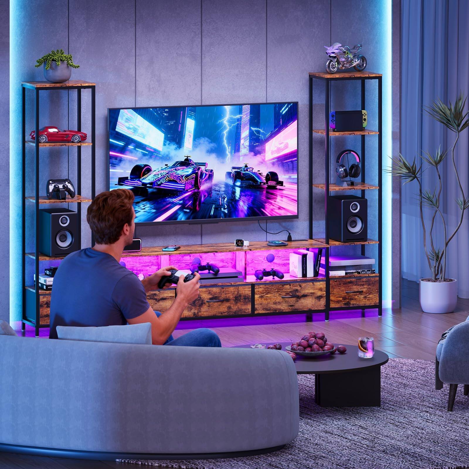 Alt View 1. GAOMON - GAOMON TV Stand for 70" TVs with 2 Five-Tier Bookshelves, Entertainment Center with LED Lights & Power Outlets - Brown.