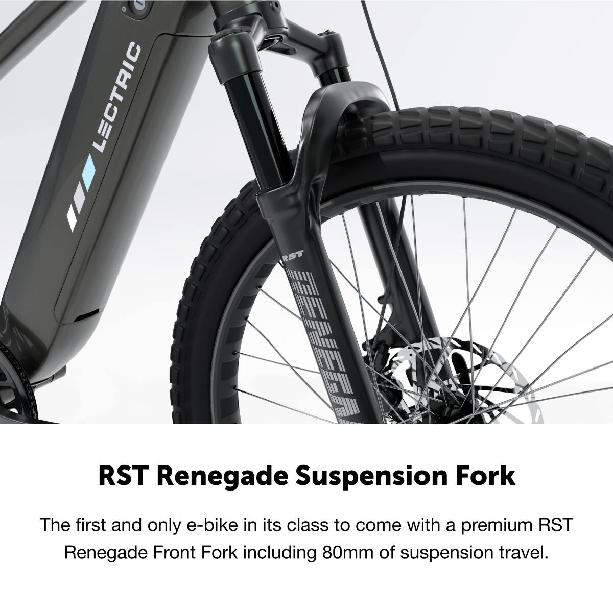 LECTRIC RST RST Renegade Suspension Fork, The first and only e-bike in its class to come with a premium RST Renegade Front Fork including 80mm of suspension travel.