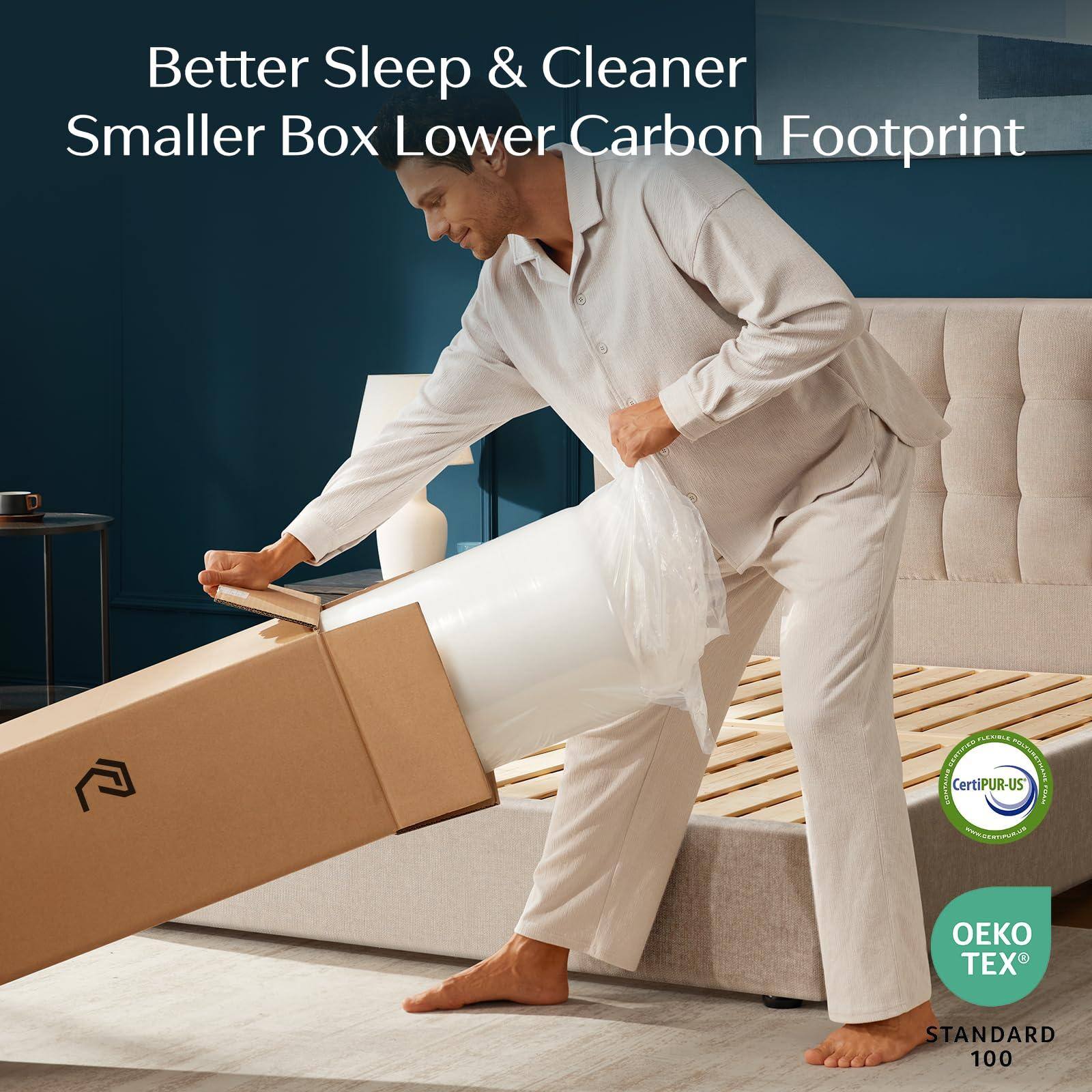 Better Sleep & Cleaner Smaller Box Lower Carbon Footprint

CertiPUR-US

OEKO TEX STANDARD 100