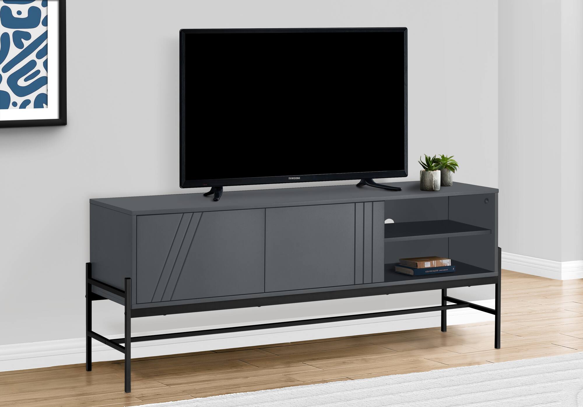 Angle. Spaco - Spaco 60" Modern TV Stand, Laminate Media Console with Storage Cabinet, Metal Frame for Living Room, Bedroom - Grey.
