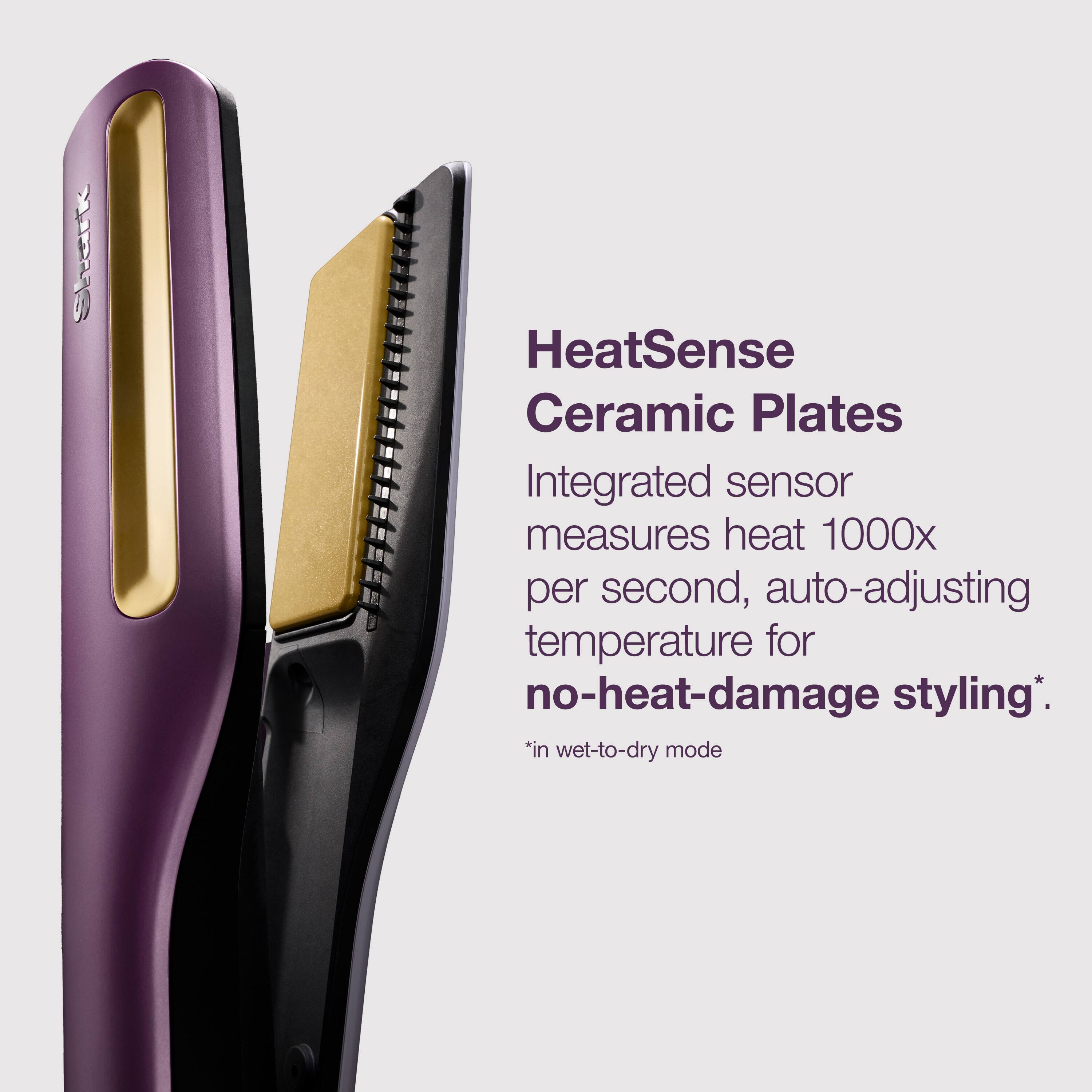 HeatSense Ceramic Plates  
Integrated sensor measures heat 1000x per second, auto-adjusting temperature for no-heat-damage styling.  
*in wet-to-dry mode