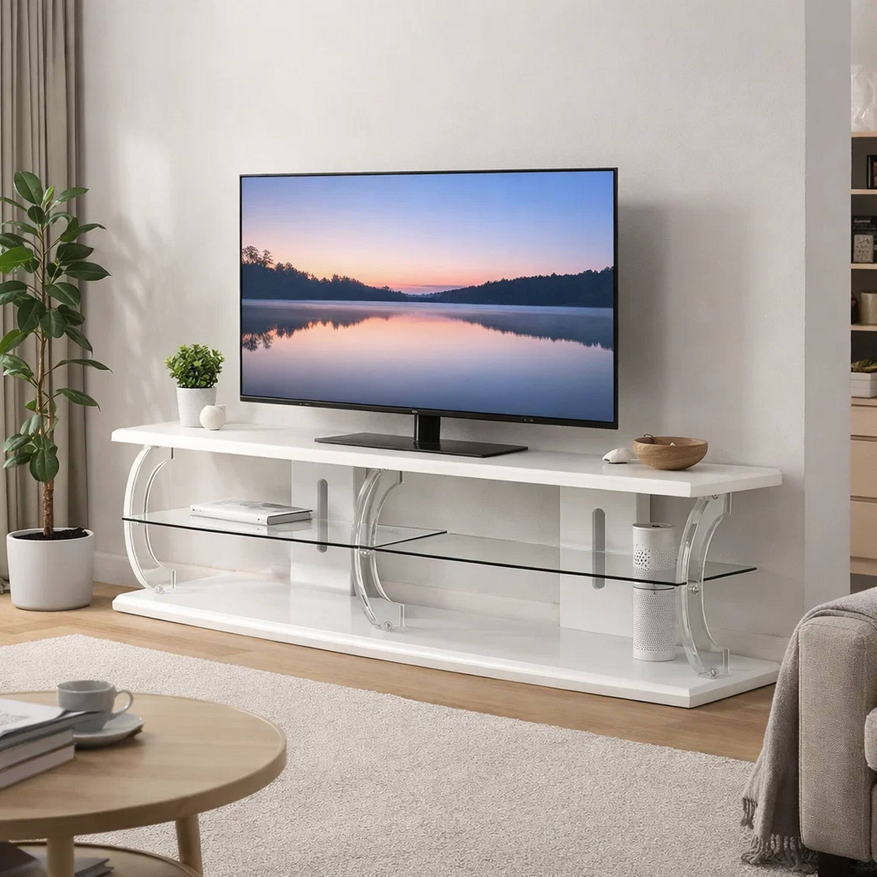 Alt View 5. Manhattan Lane - 60" Wooden TV Stand With Spacious Glass Shelf - White And Clear.