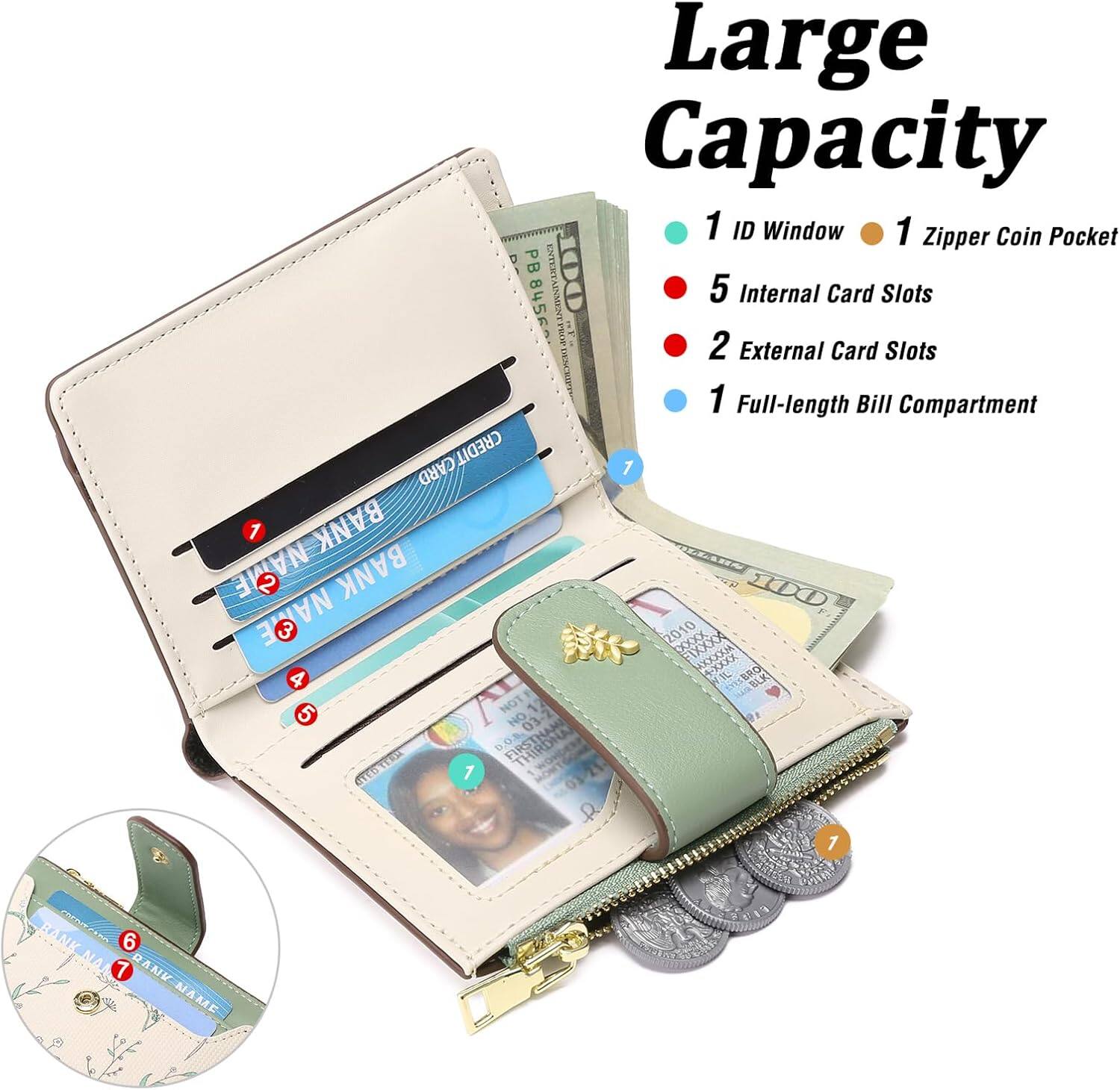 Large Capacity

- 1 ID Window
- 1 Zipper Coin Pocket
- 5 Internal Card Slots
- 2 External Card Slots
- 1 Full-length Bill Compartment
