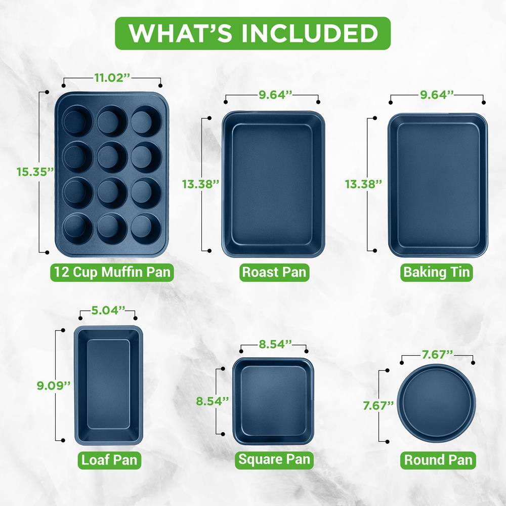 WHAT'S INCLUDED

- 12 Cup Muffin Pan: 15.35" x 13.38" x 11.02"
- Roast Pan: 13.38" x 9.64"
- Baking Tin: 13.38" x 9.64"
- Loaf Pan: 9.09" x 5.04"
- Square Pan: 8.54" x 8.54"
- Round Pan: 7.67" x 7.67"