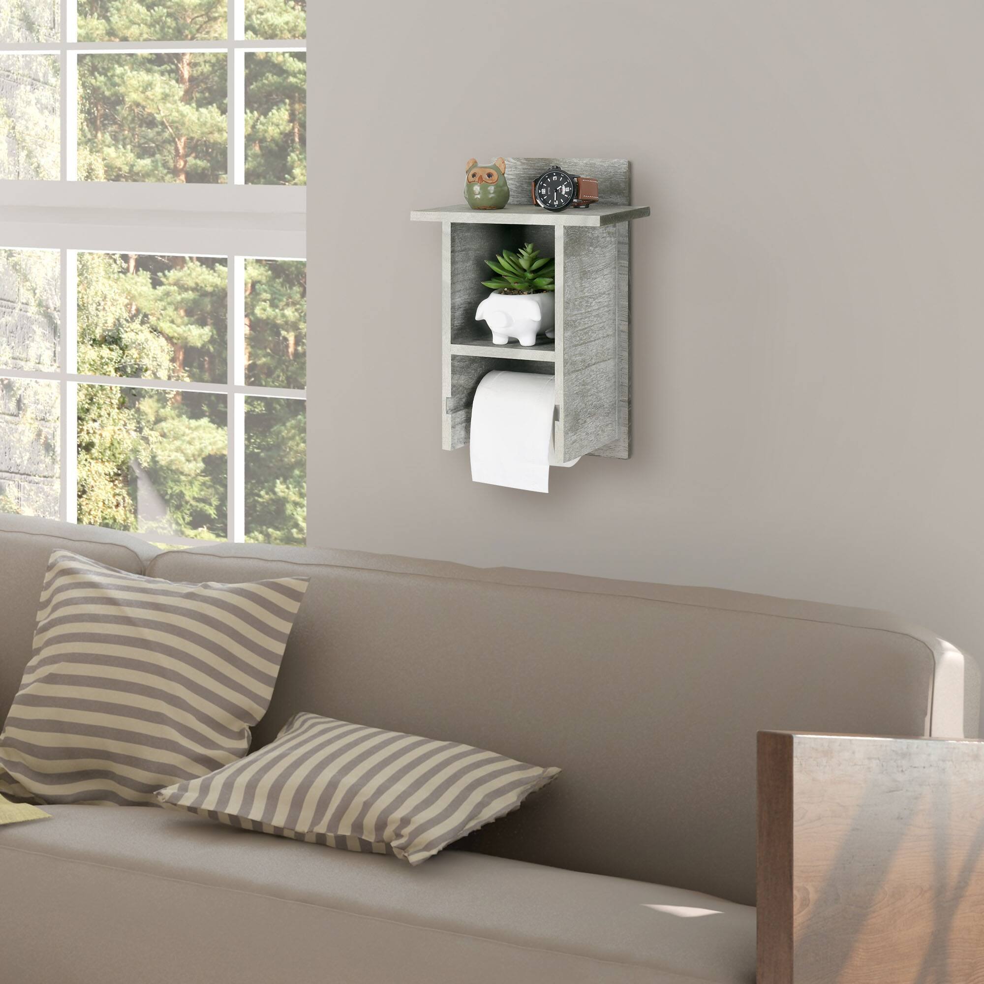 Back. Oumilen - Wall Mounted Double Toilet Paper Holder with Shelf – Olive Green Rustic Wood Tissue Rack.
