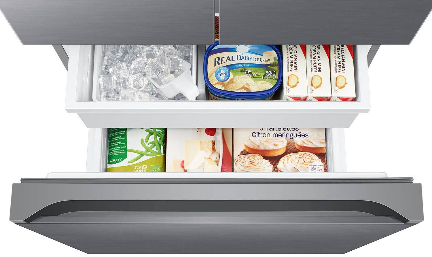 The text on the image reads: "REAL DAIRY ICE CREAM VANJELA asEr me. PRREOA EIR 9 CREAM BELGIAN FRESH -366 PUFFS MINI ELED WITH a CREAM BELGIAN -054HM PUFFS MINI SUT : A CREAM BELGIAN 1 PUFFS MINI AU R pld sefe CH arteieles Citron meringues 600 g e' I'm areen MIsA an a4C."

Corrected text: "REAL DAIRY ICE CREAM VANJELA asEr me. PRREOA EIR 9 CREAM BELGIAN FRESH -366 PUFFS MINI ELED WITH a CREAM BELGIAN -054HM PUFFS MINI SUT : A CREAM BELGIAN 1 PUFFS MINI AU R pld sefe CH arteieles Citron meringues 600 g e' I'm areen MIsA an a4C."