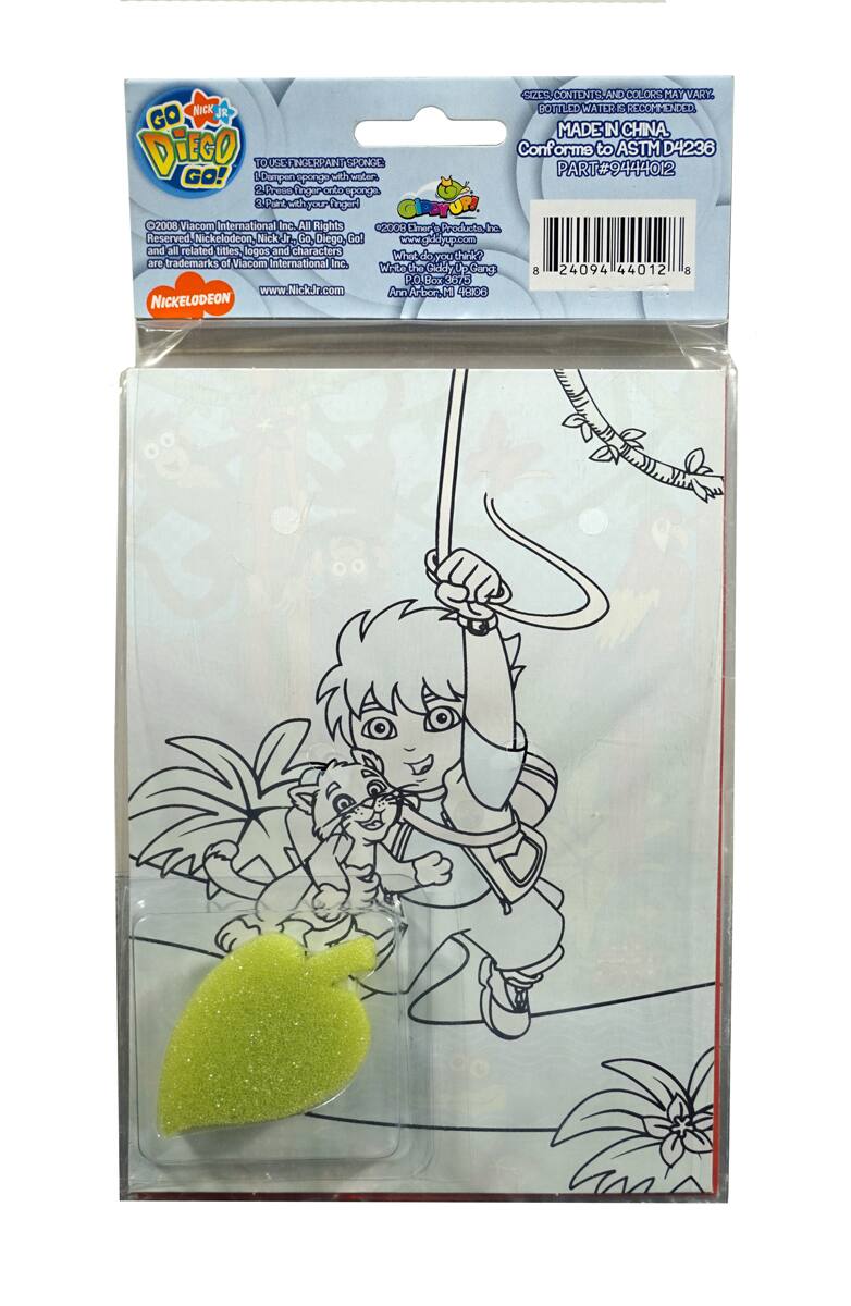 Sure, here is the corrected and grouped text from the image:

---

**Front Label:**

- **Nick Jr.**
- **Go Diego Go!**
- **Fingerpaint Sponge**

**Instructions:**
1. Dip sponge in water.
2. Paint with your finger!
3. Rinse sponge with water.

**©2008 Viacom International Inc. All Rights Reserved. Nickelodeon, Nick Jr., Go Diego, Go! and all related titles, logos and characters are trademarks of Viacom International Inc.**

**www.NickJr.com**

**Where the Wild Things Are**
**Giddy Up Gang!**
**P.O. Box 3875**
**Ann Arbor, MI 48106**

**MADE IN CHINA**

**Conforms to ASTM D4236**

**PART# 9444012**

**Sizes, contents, and colors may vary. Bottled water is recommended.**

**8 24094 44012 8**

---

**Back Label:**

- **Nickelodeon**

---

**Website:**
- **www.NickJr.com**

---

**Additional Text:**
- **Giddy Up