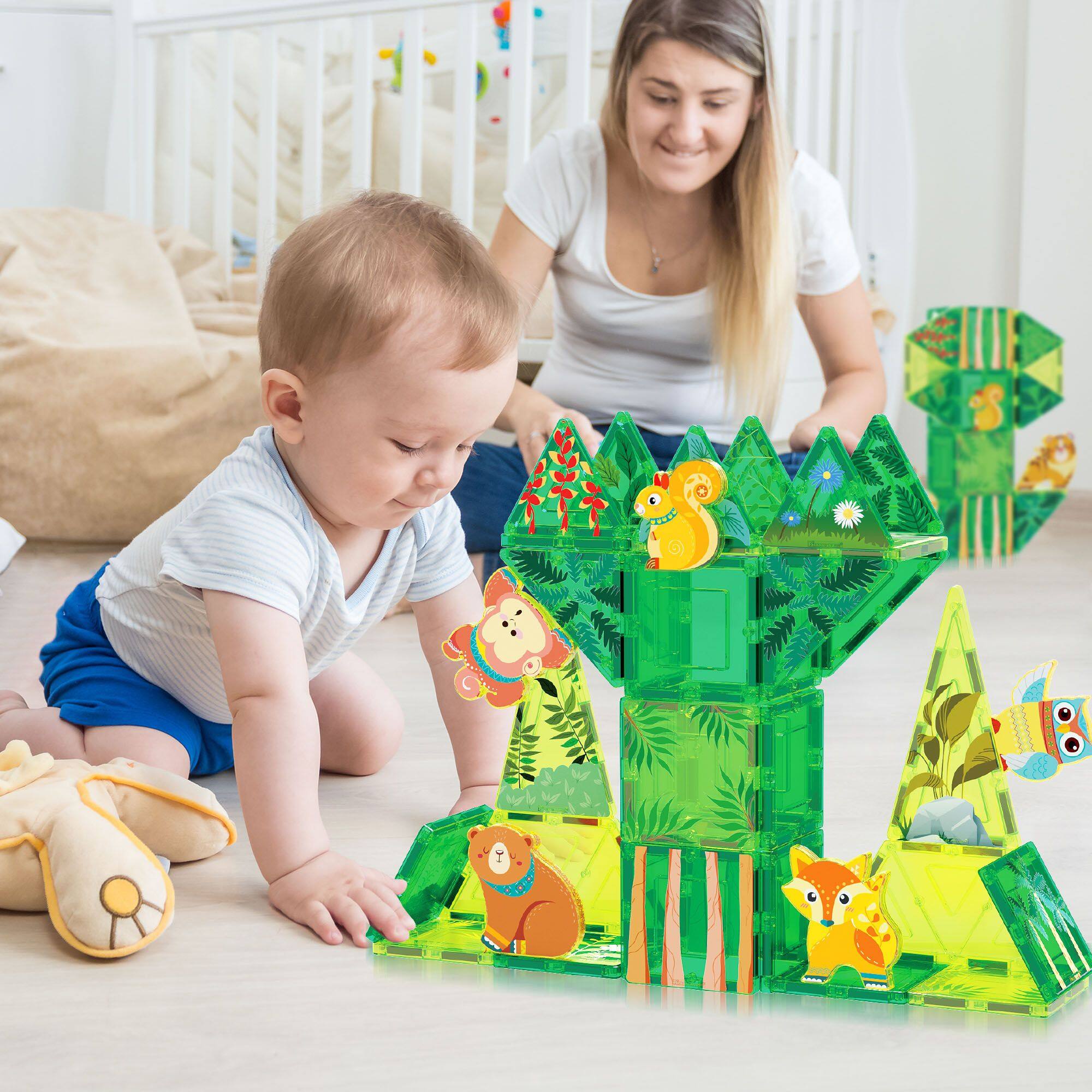 Alt View 3. PicassoTiles - PICASSO-TILES Magnetic Tiles for Kids – Forest Animals Theme 48PCS STEM Construction Building Blocks Educational Toy.
