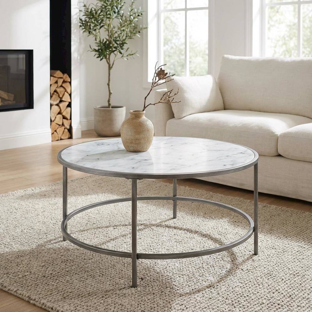 Back. FurniFact - White Faux Marble Coffee Table with Silver Frame Metal Tube Design - White Faux Marble.