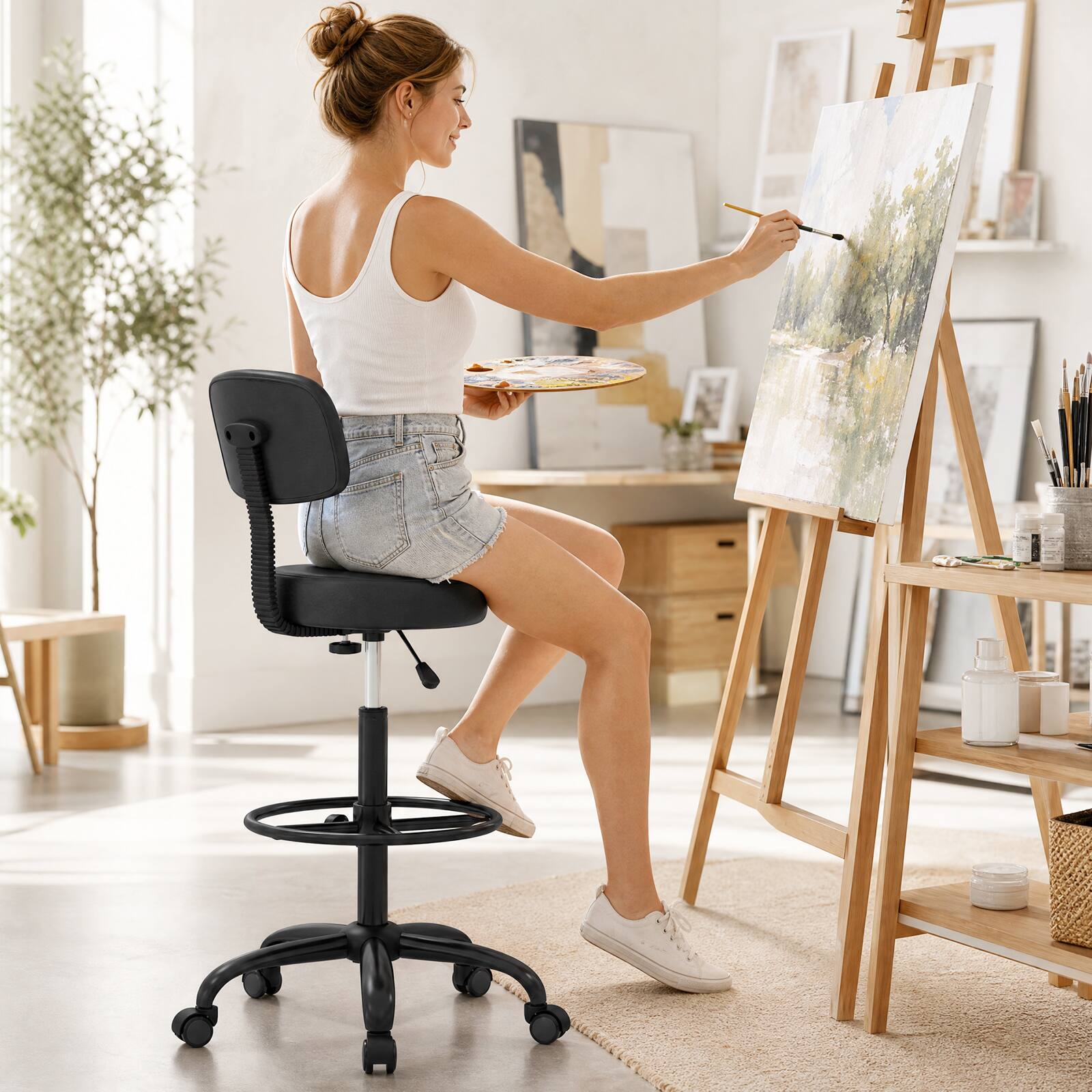Alt View 1. Gymax - Gymax Upholstered Swivel Rolling Stool w/ Wheels Heavy-Duty Office Desk Chair for Home Bar Kitchen Shop SPA Studio - Black.