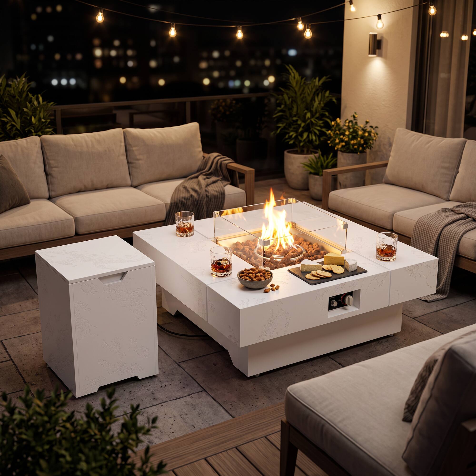Back. Famapy - 50,000 BTU Outdoor Propane Fire Pit Table with Wind Guard, Tank Hideaway, Cover and Lava Rocks - White.