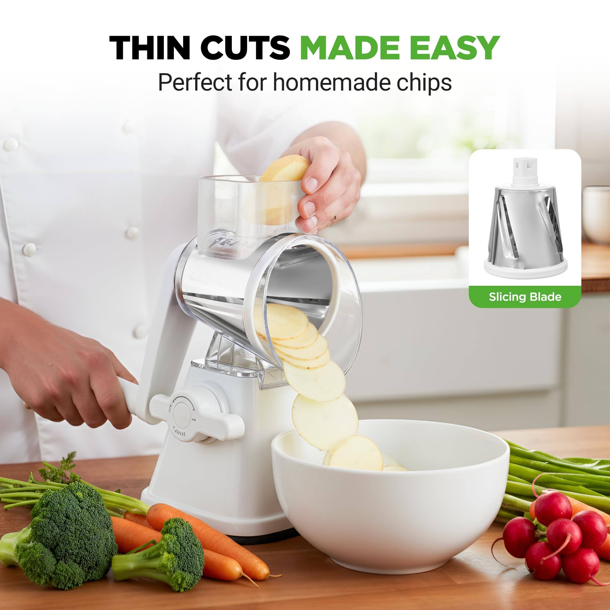 THIN CUTS MADE EASY  
Perfect for homemade chips  

Slicing Blade