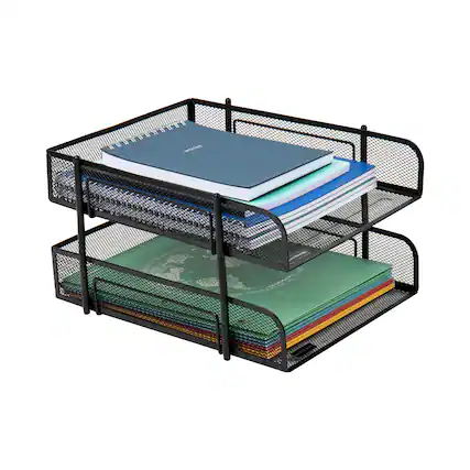 Front. Mind Reader - Stackable Paper Tray, Desktop Organizer, File Storage, Office, Metal Mesh, 10.5"L x 13.25"W x 7.5"H, 2 Pcs - Black.
