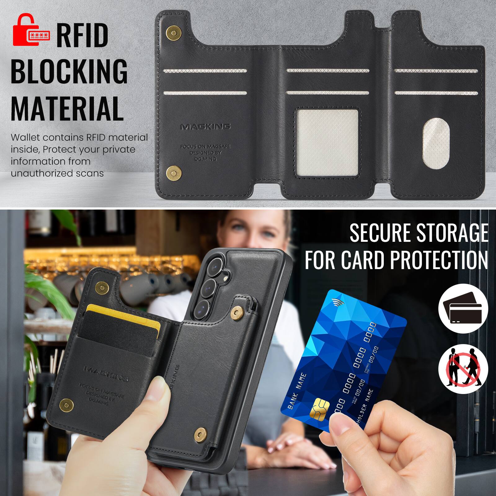 RFID BLOCKING MATERIAL

Wallet contains RFID material inside, Protect your private information from unauthorized scans

SECURE STORAGE FOR CARD PROTECTION

BANK NAME
CARD HOLDER