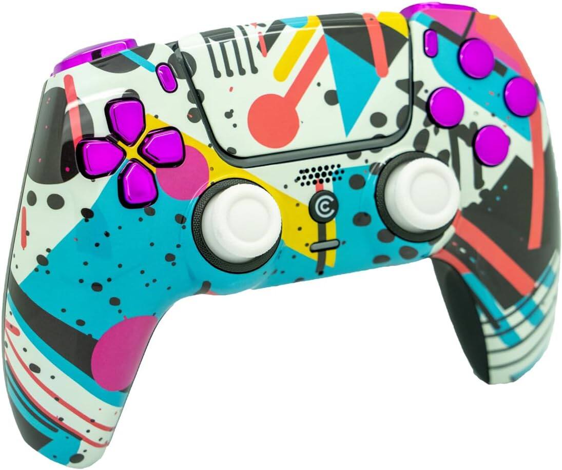Left. Custom Controllerzz - Custom Wireless Controller for PS5 - Retro Abstract & Purple Chrome Inserts.